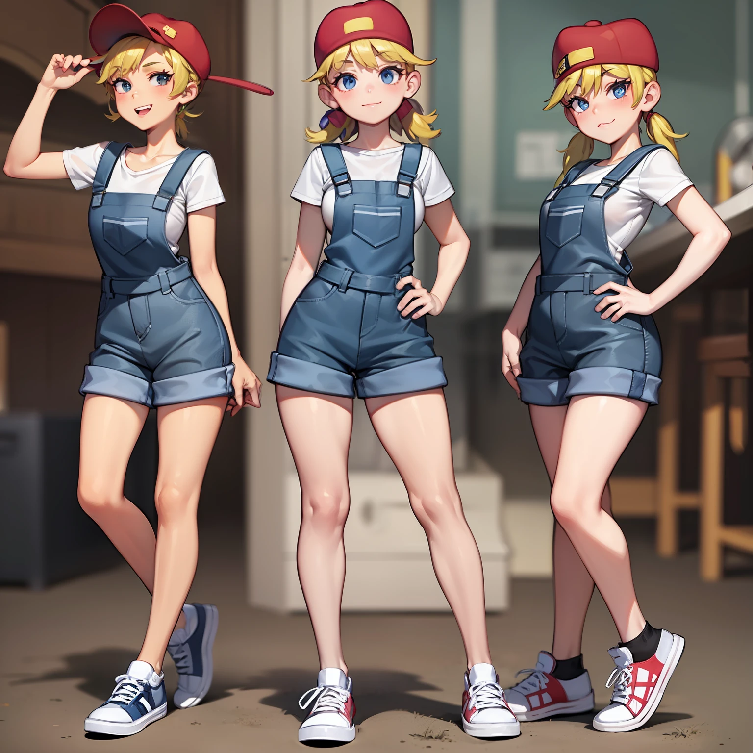 Lana Loud, overalls, red headwear, curvy arms, curvilinear legs, defined legs, sneakers, full body, vista de frente