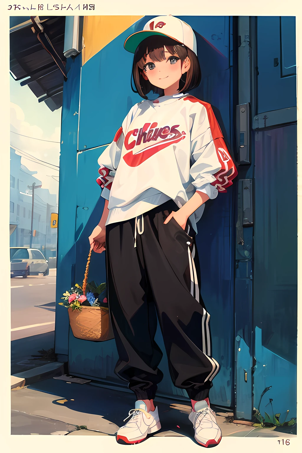 巨作、最好质量、 K、Textured skin、1980s anime style、One woman、cheely smile、Brown hair、bob cuts、Baseball Cap、Sweatshirt、basket pants、White sneakers、Pulling Picture