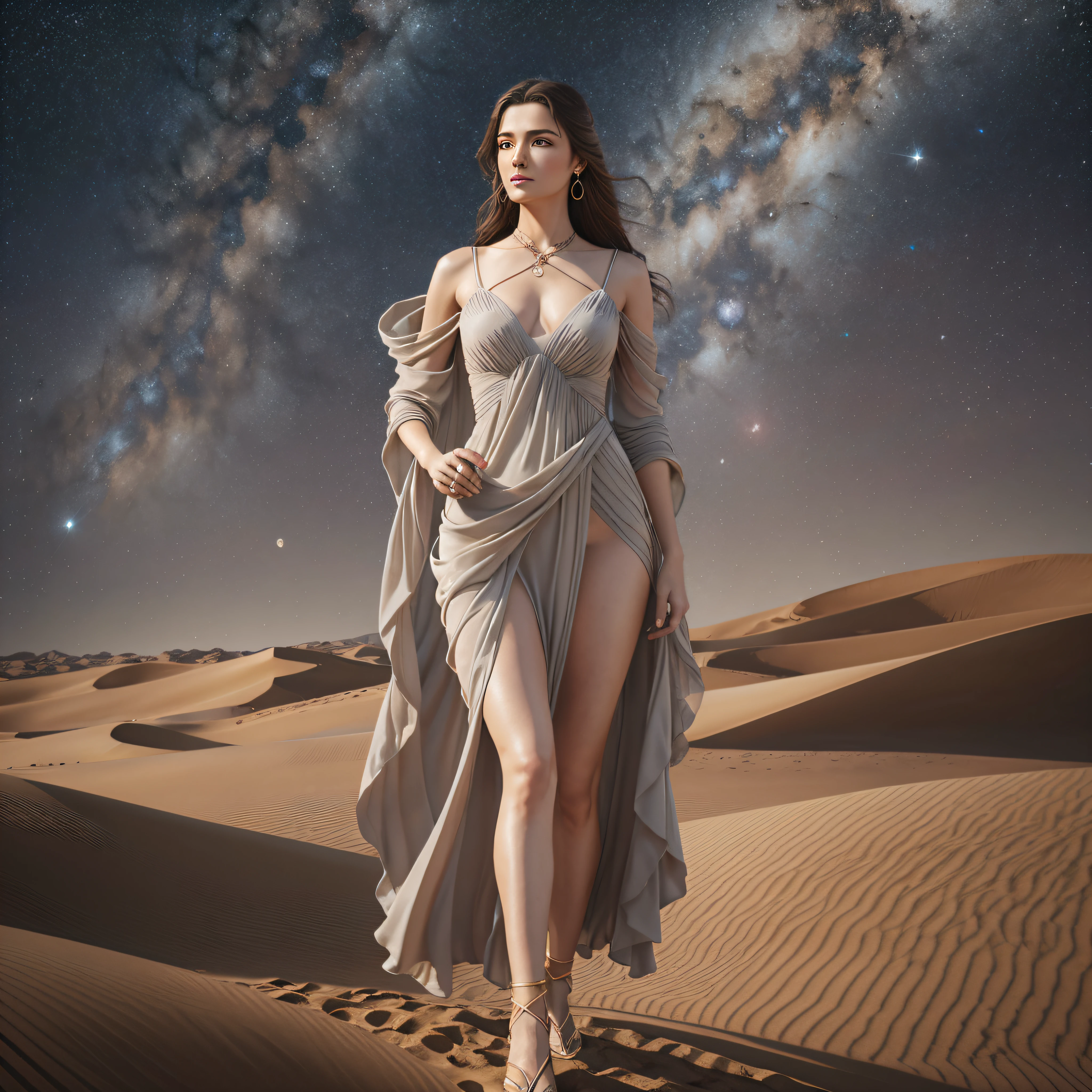 (extremely detailed, Artgerm-inspired masterpiece:1.3, wandering woman:1.2 in desert:1.2), (Alena Aenami-esque style:1.1, IG model Aly Fell-inspired:1.1), elegant, flowing, form-fitting outfit, dynamic pose, intense lighting, vibrant colors, sand particles, 8k, high resolution.