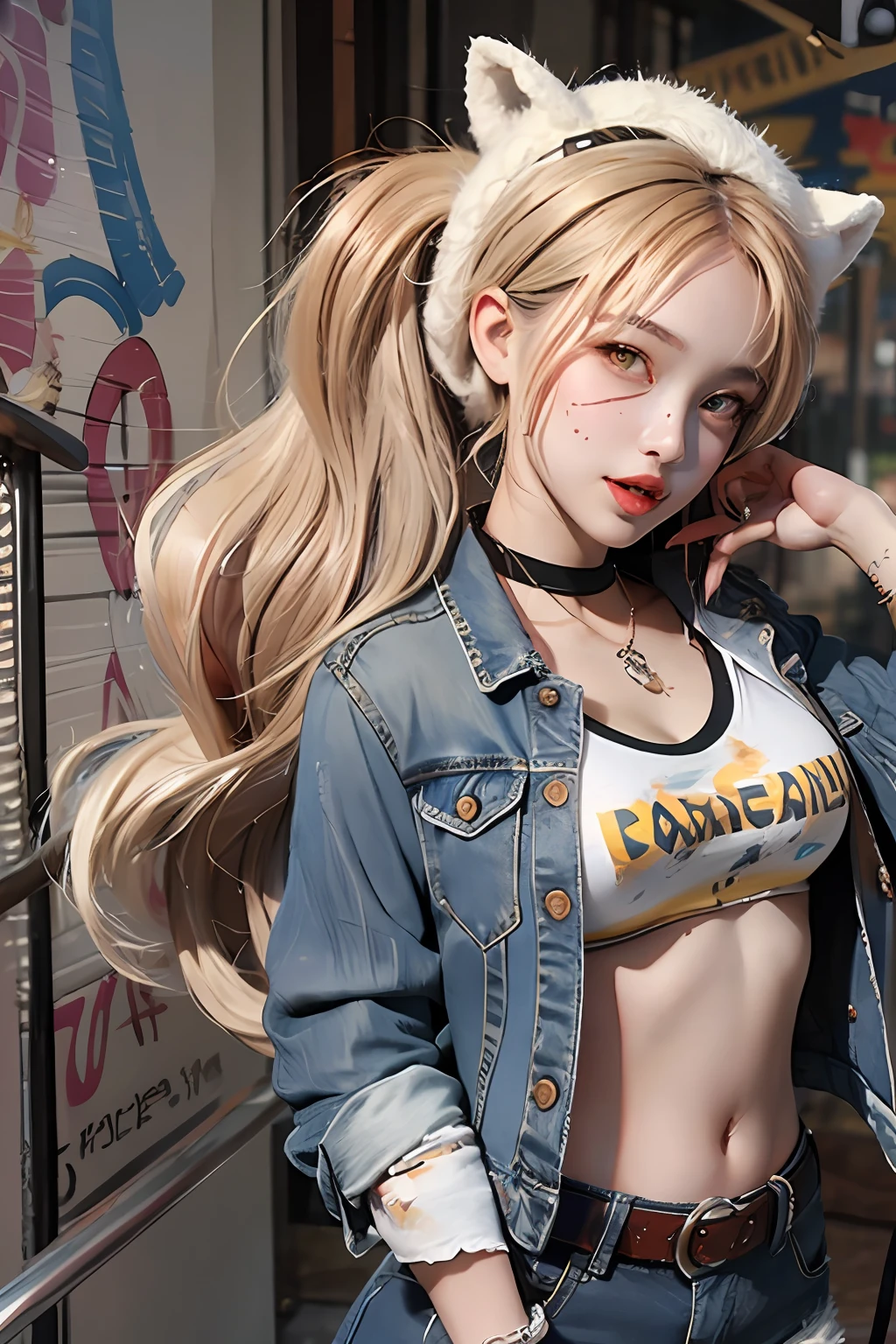 Original Character, Volumetric Lighting, Best Shadows, Shallow Depth of Field, Portrait Of Stunningly Beautiful Girl, Petite, Delicate Beautiful Attractive Face With Alluring Yellow Eyes, Messy Painted Face, Sharp Eyebrows, Broadly Smiling, Open Mouth, Fangs Out, Lovely Medium Breasts, Layered Long Twintail Blond Hair, Blush Eyeshadow, Thick Eyelashes, Applejack Hat, Oversized Pop Jacket, Mini Underboob Tee, Open Navel, Slim Waist, Denim Jeans Pants, With Buckle Belt, In The Graffiti Alley, Waste Container, Outside Stairs, Outdoor Unit, Holding Spray Paint Can, Standing, (Highest Quality, Amazing Details:1.25), (Solo:1.3), Brilliant Colorful Paintings