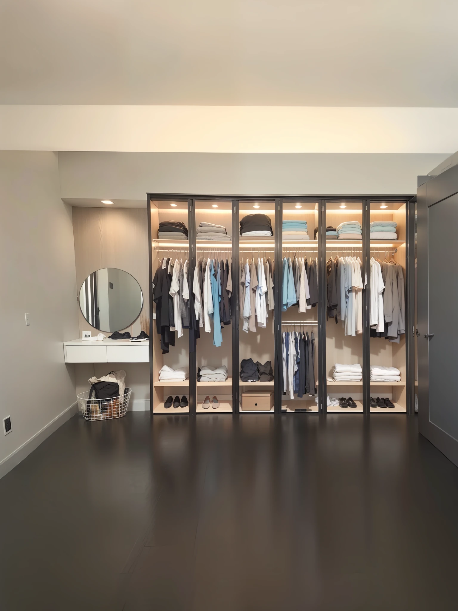 there is a closet with a lot of clothes hanging on it, elegant futuristic wardrobe, elegant wardrobe, in style of ultra realistic, filled with natural light, modern minimalist f 2 0 clean, highly rendered!!, modern look, modern minimalist f 2 0, eora, theater dressing room, highly photographic render, with clear glass, photo realistic style, true realistic image