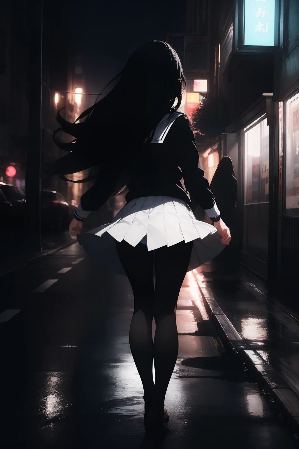 (masterpiece, best quality), 1girl, school uniform, (white panties), panties over pantyhose, from behind, wind, wind lifting skirt, skirt lift, upskirt, ful body, city street, walk, long hair, vibrant colors, volumetric lighting, night, dark, high contrast, neon lights, colorful, best lighting, best shadows, dark theme