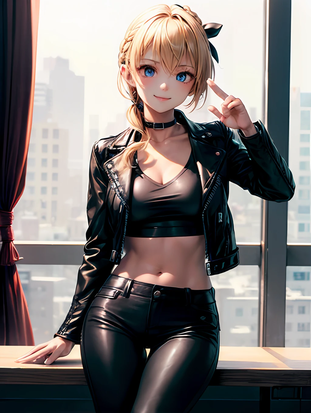 最好质量、One girl、Whole human body、a blond、Longhaire、Blue eyes、Small face、(Hair tying gesture:1.8)、Black inner、(v neck:1.4)、(Black leather jacket:1.5)、Denim skinny pants、Navel、Constriction、large tits、beauty legs、a smile、Bright lighting、cafes、No people、Background blur