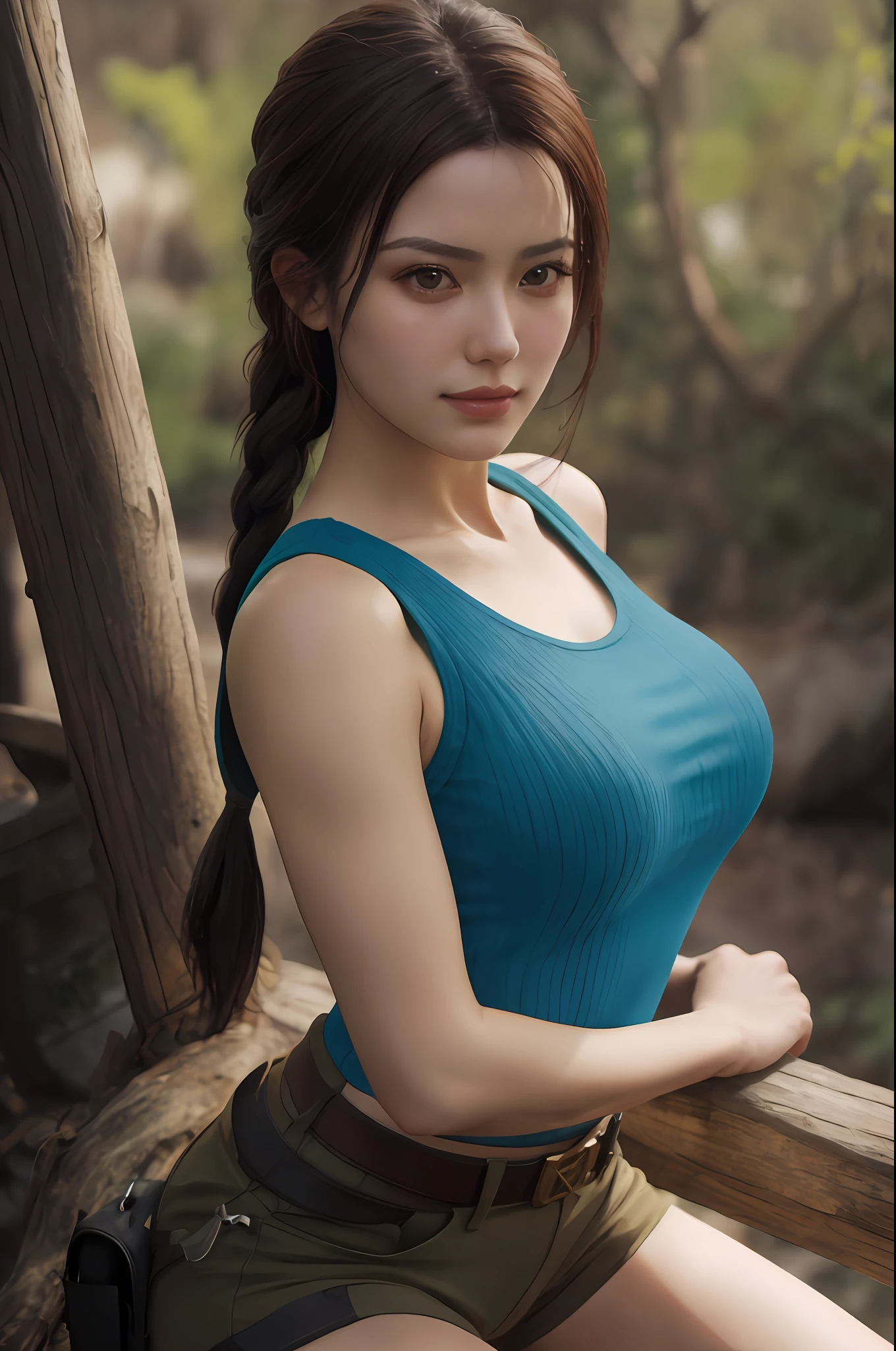 araffe woman in a blue top and green shorts posing for a picture, seductive tifa lockhart portrait, 8k artgerm bokeh, tifa lockhart, soft portrait shot 8 k, tifa lockhart portrait, photorealistic perfect body, amouranth, gorgeous chinese model, beautiful asian girl, muscular sweat lara croft, better known as amouranth