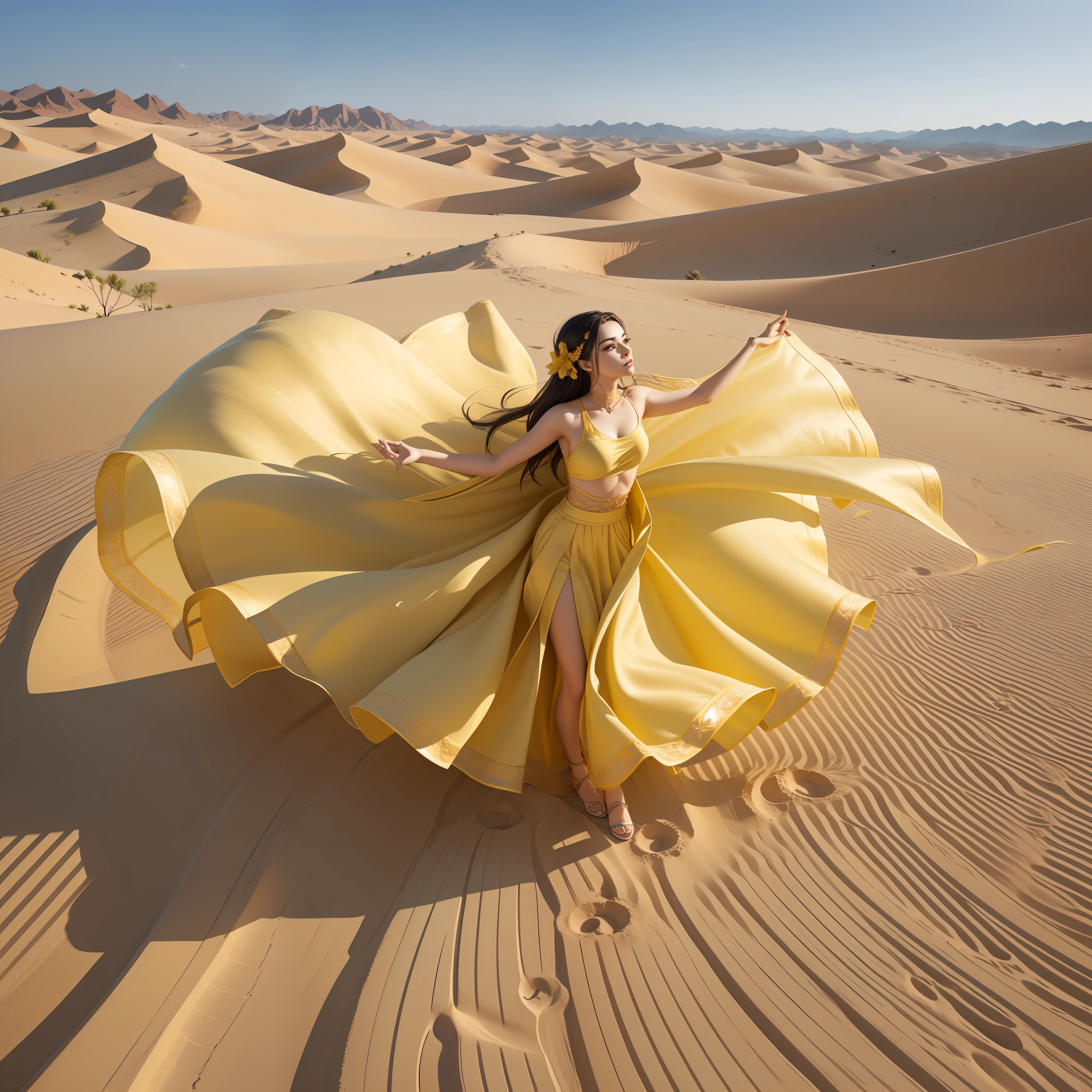 (extremely detailed, Artgerm-inspired masterpiece:1.3, wandering woman:1.2 in desert:1.2), (Alena Aenami-esque style:1.1, IG model Aly Fell-inspired:1.1), elegant, flowing, form-fitting outfit, dynamic pose, intense lighting, vibrant colors, sand particles, 8k, high resolution.
