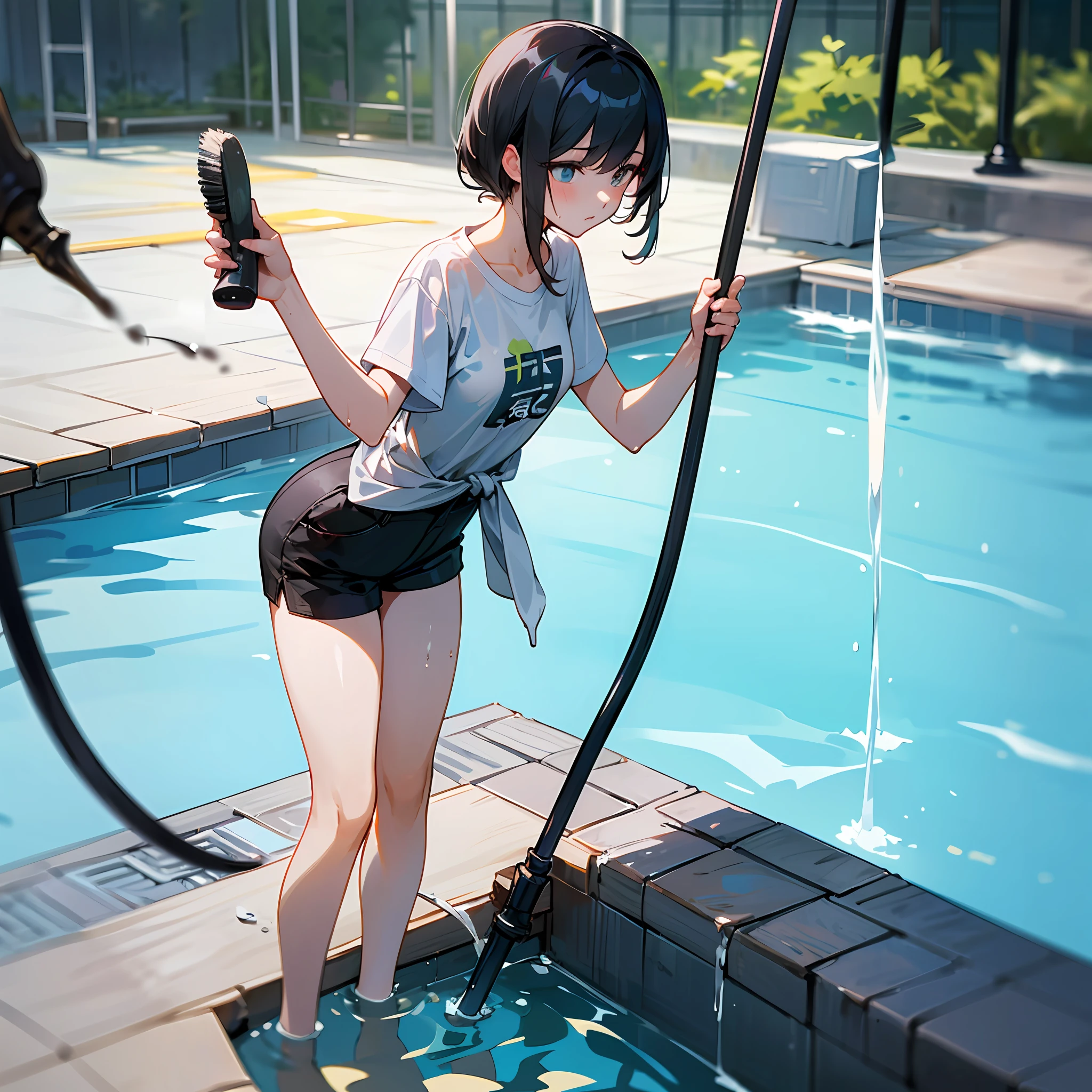((最好质量、8K、巨作:1.3))、only girl、black har、Waist-length hair、straight haired、Short stature、White oversized t-shirt、Black Hot Pants、Naked foot、正面、Slightly smaller breasts、Large empty pool、Holding a brush、The body is dripping wet、Pool cleaning、The is standing
