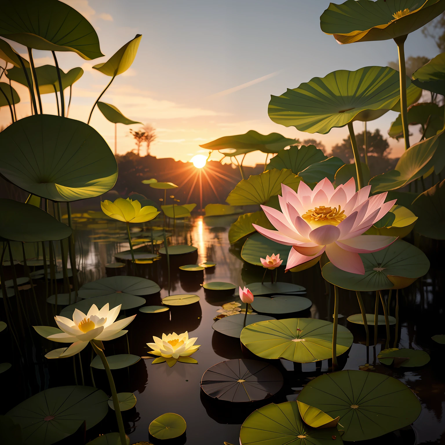 Lotus flowers in the pond，The setting sun is in the background, lotus flowers on the water, lotuses, Lotus pond, with lotus flowers, lotus flower, radiant morning light, Lotus, marc adamus, located in a swamp at sunrise, lotuses, standing gracefully upon a lotus, lotus petals, sitting on a lotus flower, standing on a lotus