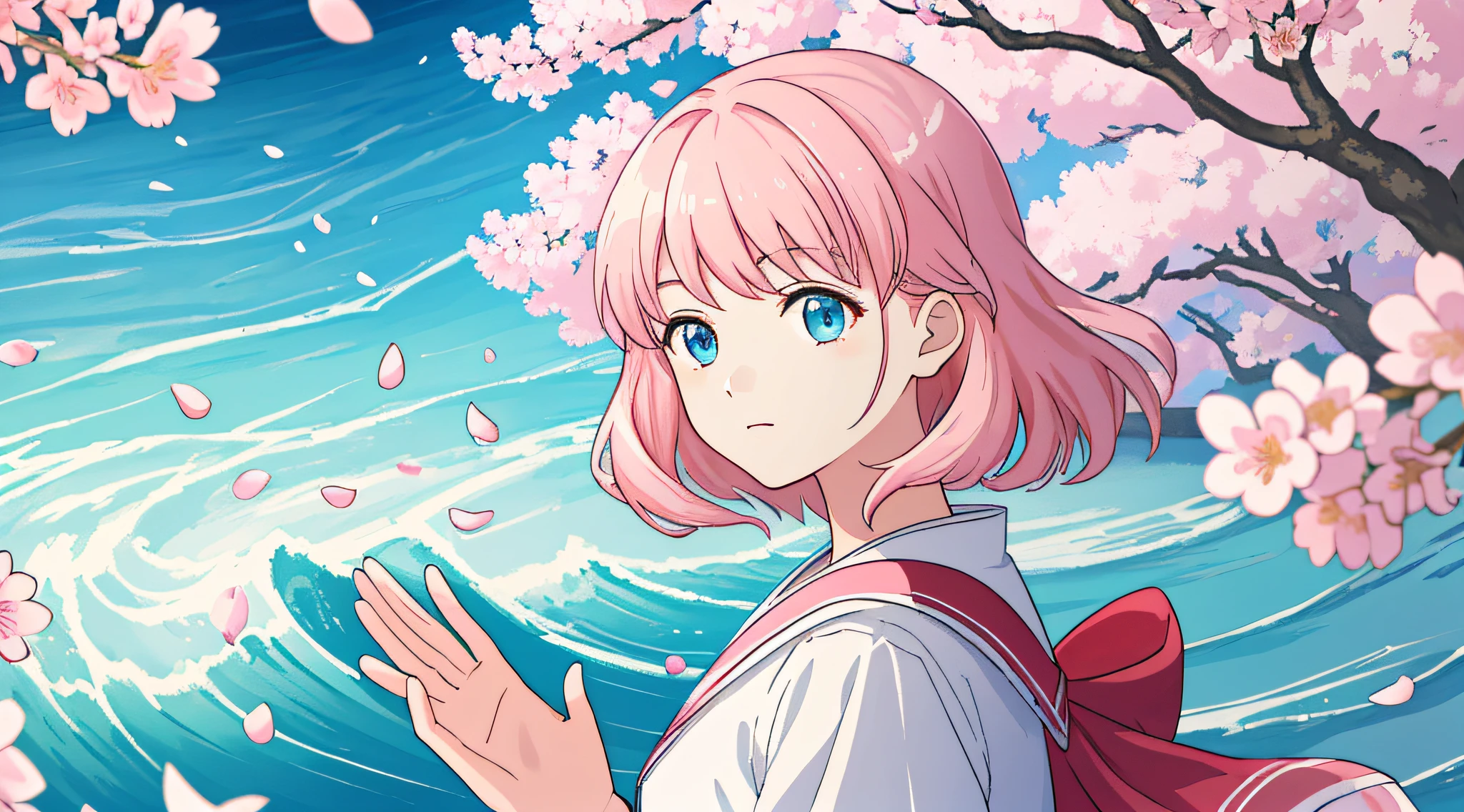Masterpiece, best quality, (very detailed CG unity 8k wallpaper) (best quality), (best illustration), (best shadows) Nature', blue sea,delicate leaves petals of various colors falling in the air light Tracking, super detailed , pink sakura blossoms, white waves --v6