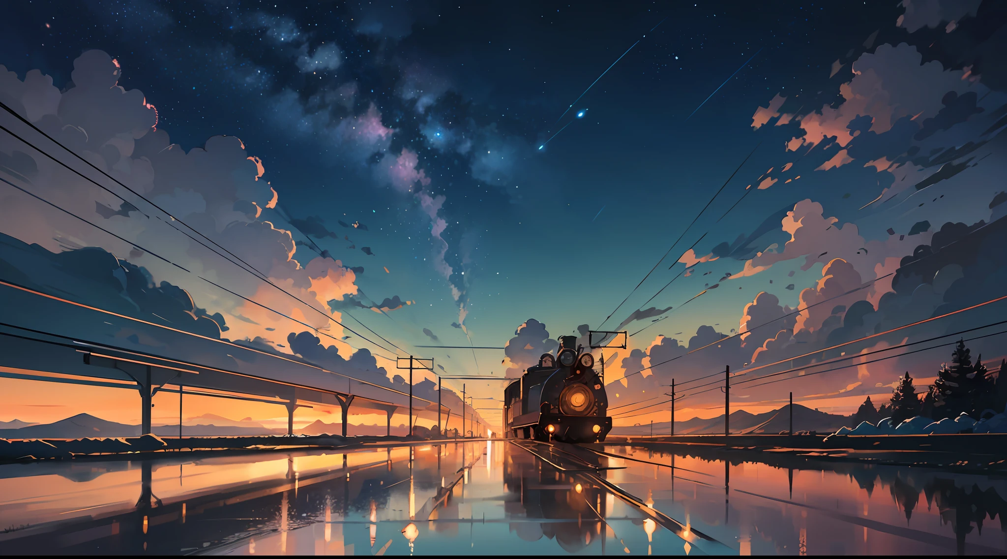 High quality masterpiece, landscape, anime train passing through bodies of water on tracks, bright starry sky. Romantic train, pixiv, concept art, lofi art style, reflection. by Makoto Shinkai, lofi art, Beautiful anime scene, Anime landscape, detailed scenery —width 672, in style of Makoto shinkai, style of Makoto shinkai, enhanced details.