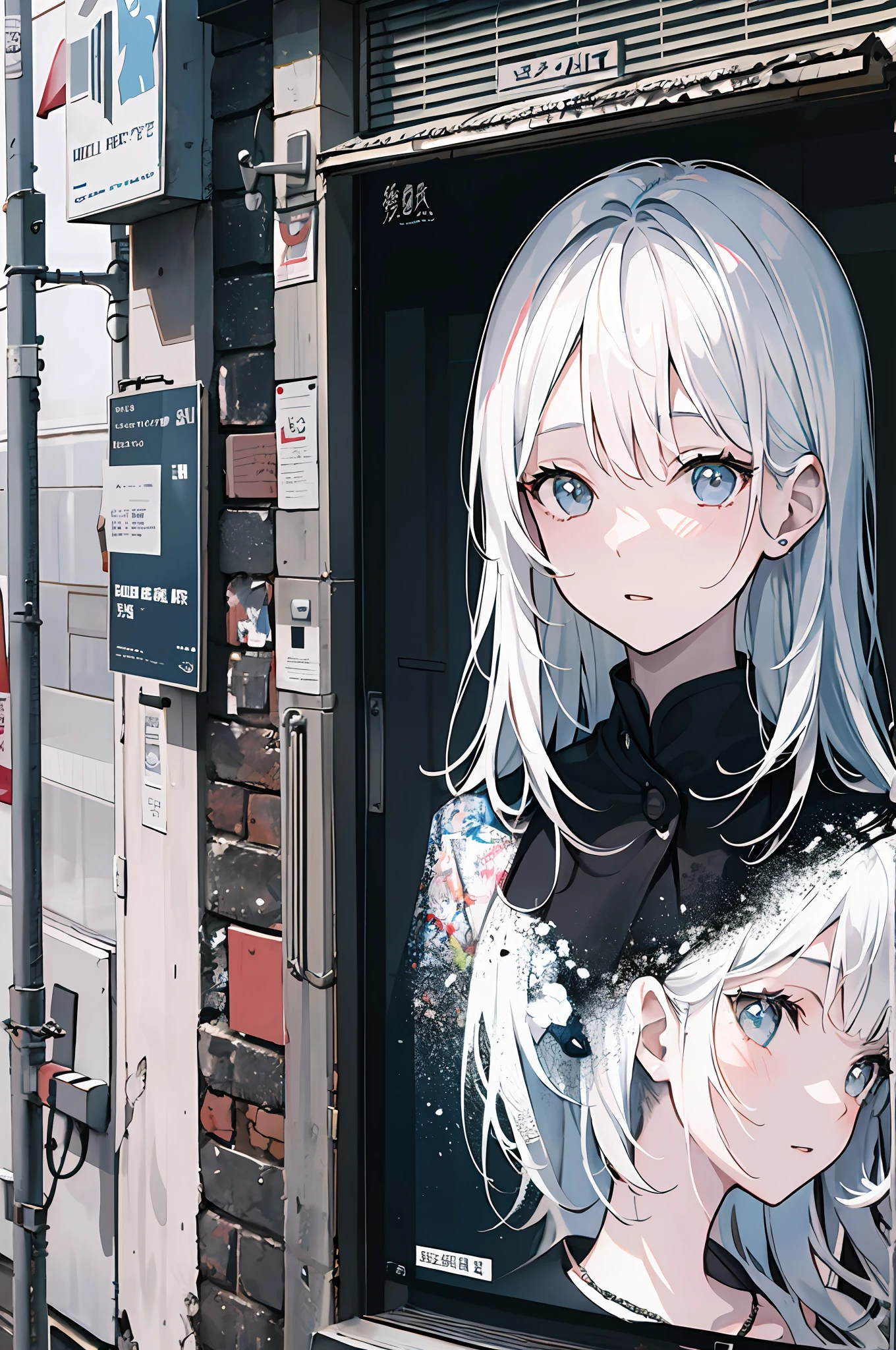 (best illustration, masterpiece), Poster style,Black and white performance,(1girl, white hair) streetart。