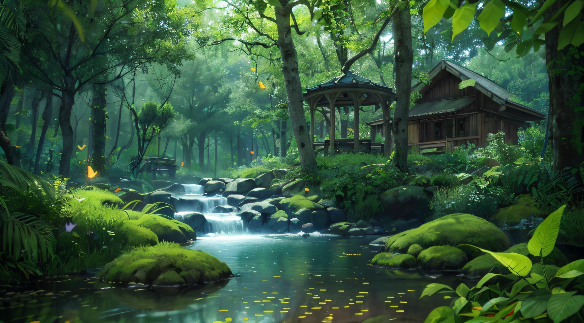 Masterpiece, highest quality, (highly detailed CG Unity 8K wallpaper), (highest quality), (best illustration), (best shadow), forest theme incorporating elements of nature. Surrounded by tall trees, quiet streams, glowing little mushrooms, delicate leaves and branches, glowing particle effect with fireflies, (natural elements), (jungle theme), (leaves), (branches), (fireflies), butterflies, (delicate leaves), (glow), (particle effects), isometric 3D, octane rendering, ray tracing, ultra detail