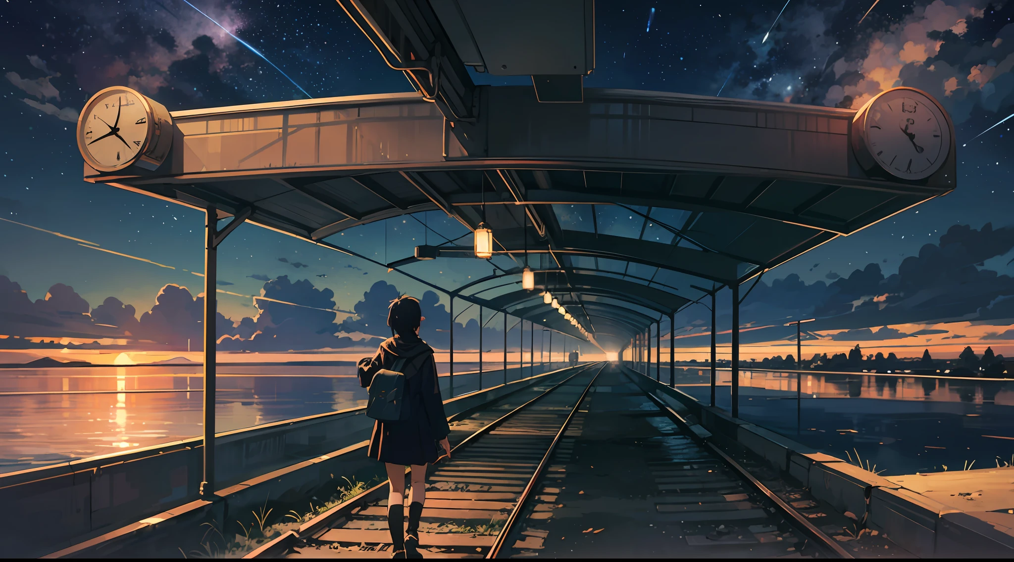 High quality masterpiece, landscape, anime train passing through bodies of water on tracks, bright starry sky. Romantic train, pixiv, concept art, lofi art style, reflection. by Makoto Shinkai, lofi art, Beautiful anime scene, Anime landscape, detailed scenery —width 672, in style of Makoto shinkai, style of Makoto shinkai, enhanced details.
