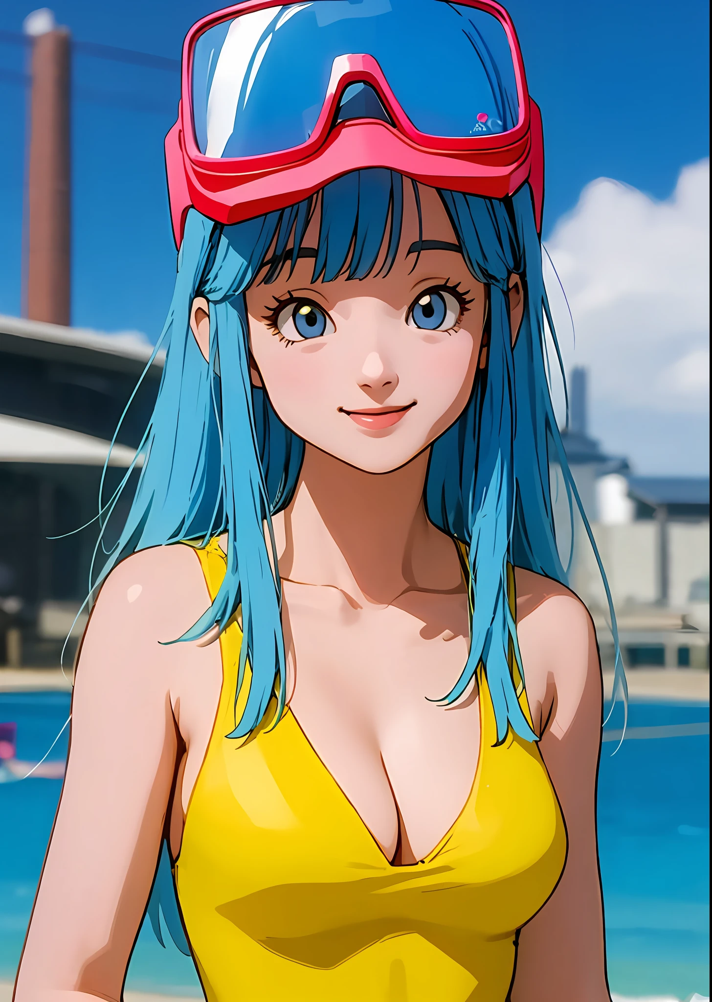 masterpiece, best quality, highest quality, photorealistic, perfect anatomy, perfect face, perfect eyes,
marondballz, blue hair, 1girl, solo, breasts, sky, cloud, cleavage, blue sky, blue eyes, medium breasts, day, smile, goggles, yellow swimsuit, upper body, long hair, goggles on head, eyewear on head, bangs, outdoors, sexy pose