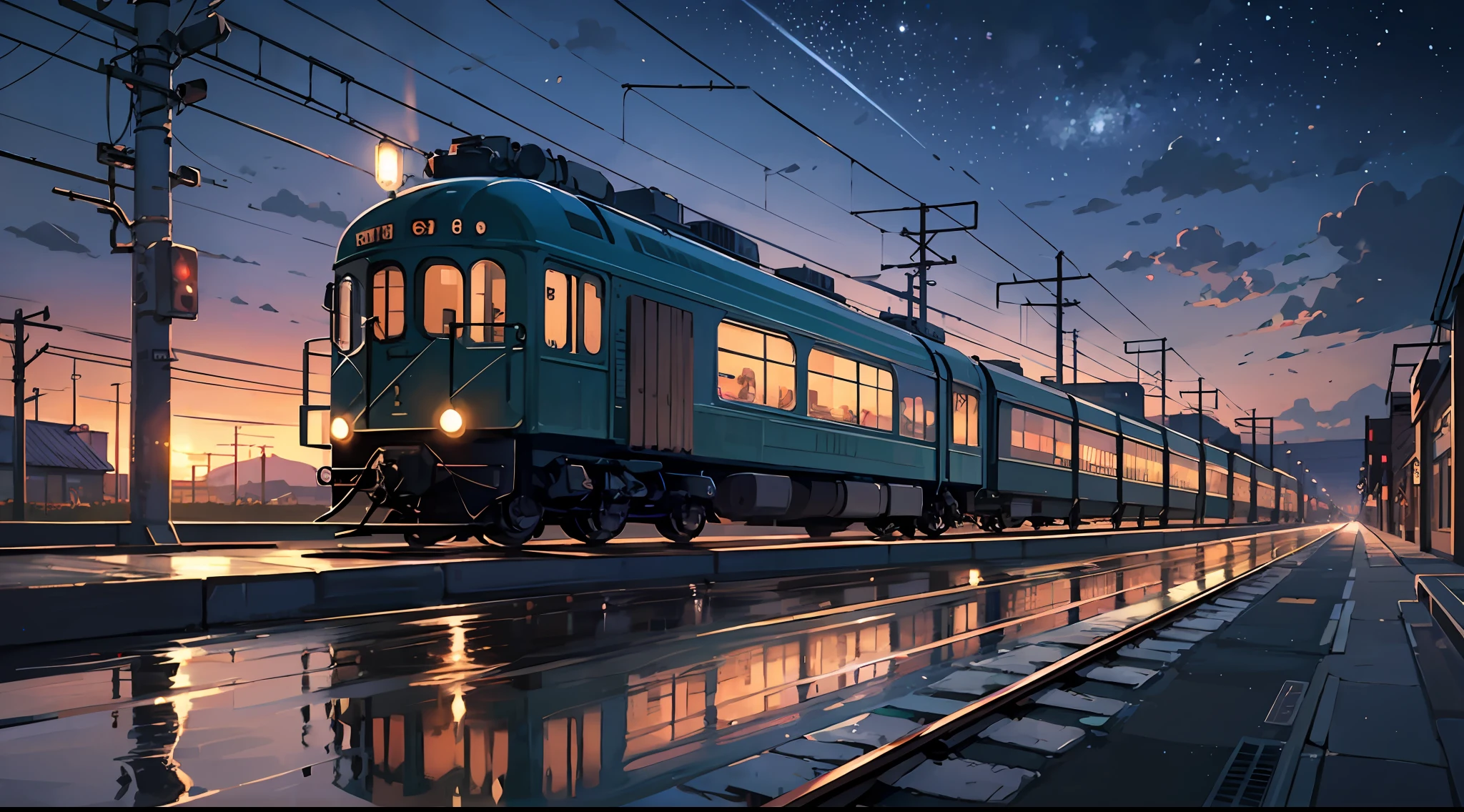 High quality masterpiece, landscape, anime train passing through bodies of water on tracks, bright starry sky. Romantic train, pixiv, concept art, lofi art style, reflection. by Makoto Shinkai, lofi art, Beautiful anime scene, Anime landscape, detailed scenery —width 672, in style of Makoto shinkai, style of Makoto shinkai, enhanced details.