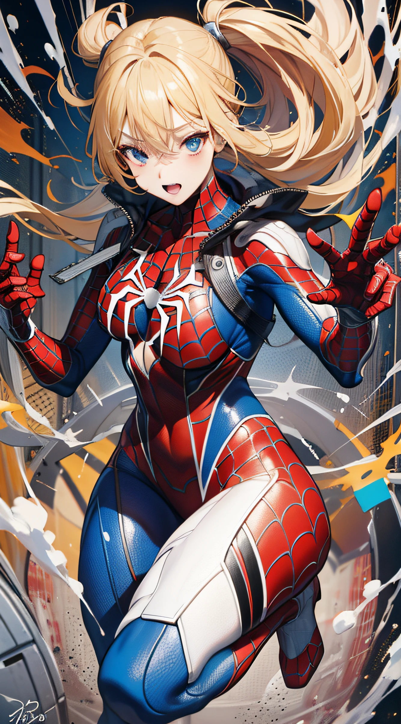 （（（optimal quality））），（（（superdetailed））），（（（masterpaintings））），（（（manga book））），Female superheroes，Female Spider-Man，The action is exaggerated and handsome，Spider-Man's signature move，Dynamic，Voice bubbles，Fighting，bang between eyes。