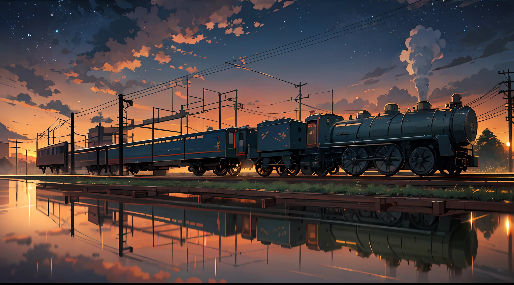 High quality masterpiece, landscape, anime train passing through bodies of water on tracks, bright starry sky. Romantic train, pixiv, concept art, lofi art style, reflection. by Makoto Shinkai, lofi art, Beautiful anime scene, Anime landscape, detailed scenery —width 672, in style of Makoto shinkai, style of Makoto shinkai, enhanced details.