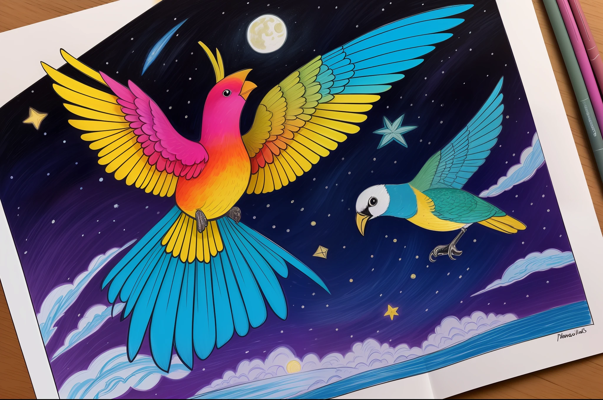 "Draw an illustration of a colorful tropical bird flying in a starry sky, com penas brilhantes refletindo a luz da lua."