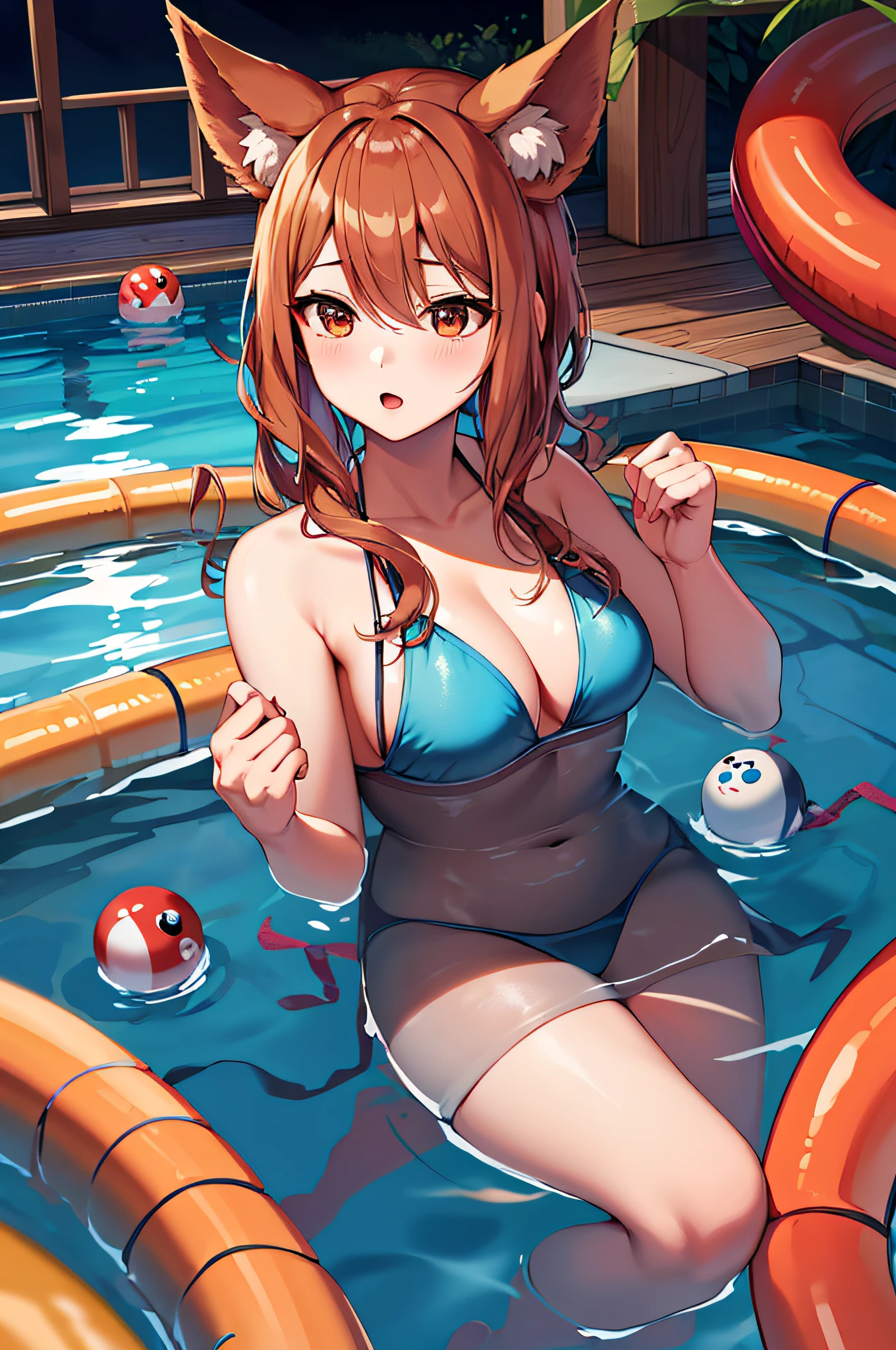 Best Picture Quality.4K, extreme hight detail,League of Legends Tanuki,Ali,fox ear,Eight fox tails,pools of water,water gun,Swimming rings ,Orbs of Magic,swimsuiti。Blue and red magic orbs,Yao。