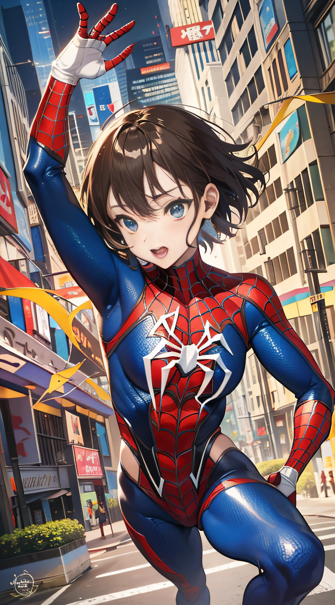 （（（optimal quality））），（（（superdetailed））），（（（masterpaintings））），（（（manga book））），Female superheroes，Female Spider-Man，The action is exaggerated and handsome，Spider-Man's signature move，Dynamic，Voice bubbles，Fighting，bang between eyes。