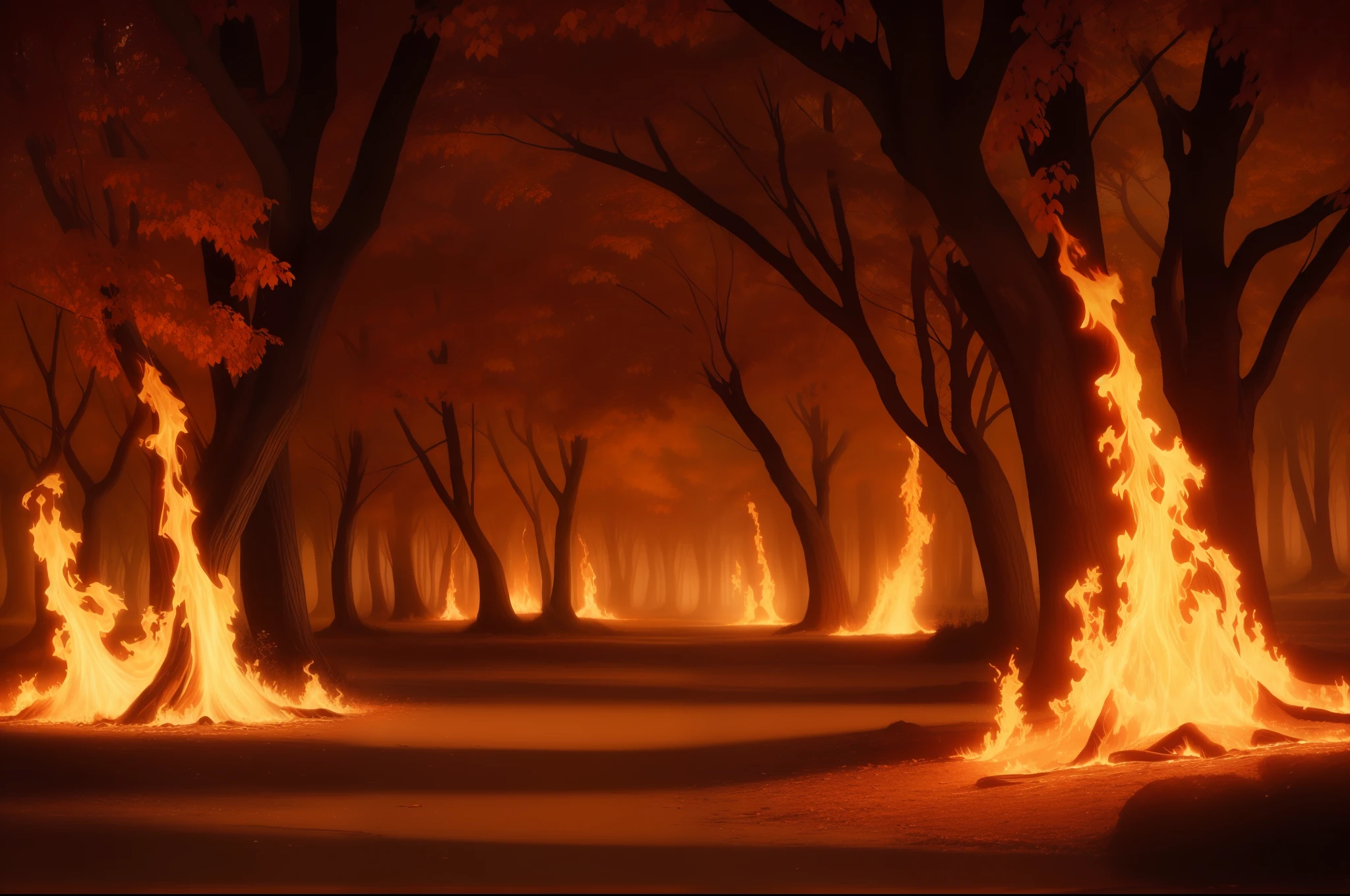 "Crie uma pintura que retrate uma paisagem surreal, with trees that have human faces and leaves that are made of fire."