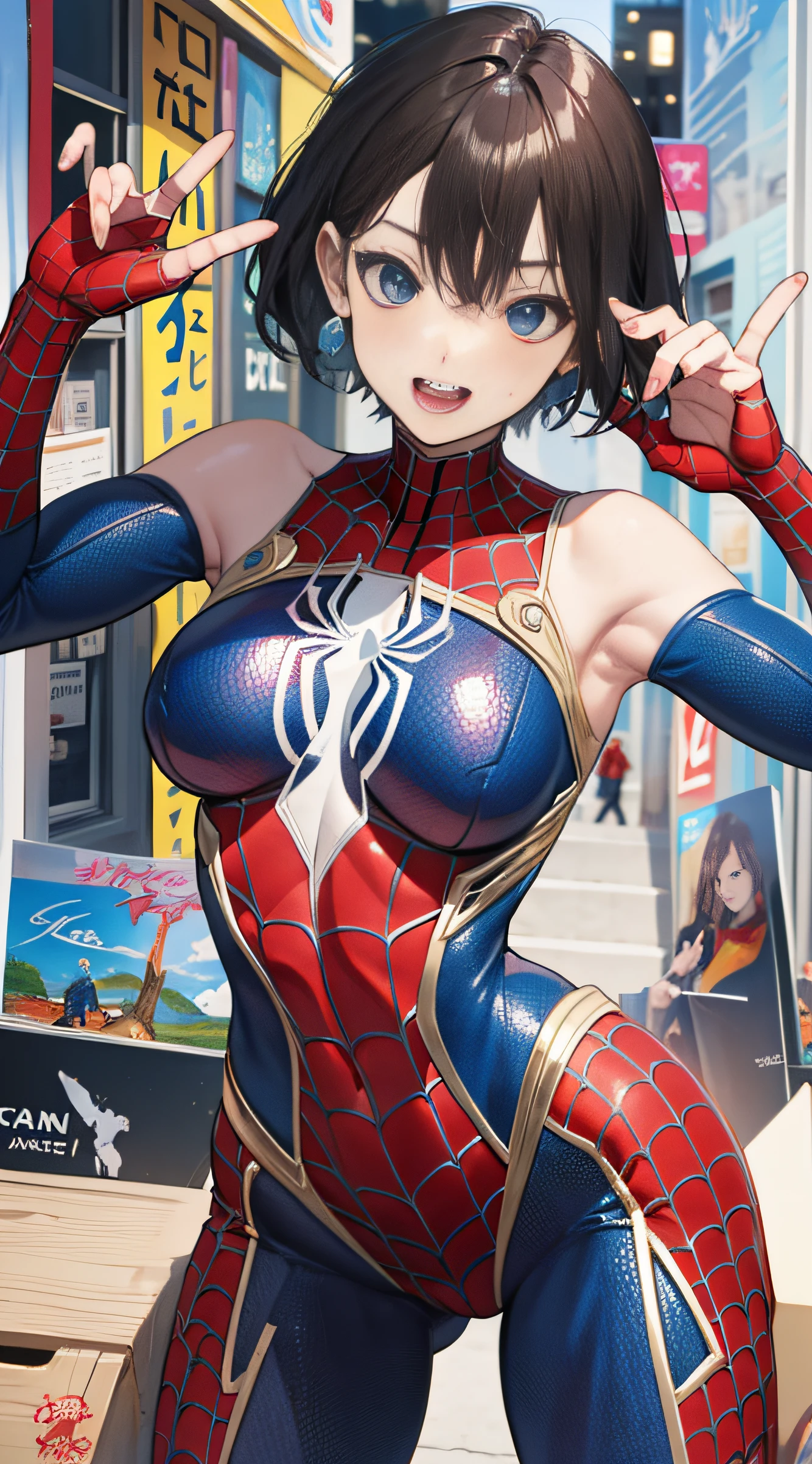 （（（optimal quality））），（（（superdetailed））），（（（masterpaintings））），（（（manga book））），Female superheroes，Female Spider-Man，The action is exaggerated and handsome，Spider-Man's signature move，Dynamic，Voice bubbles，fighting，bang between eyes。