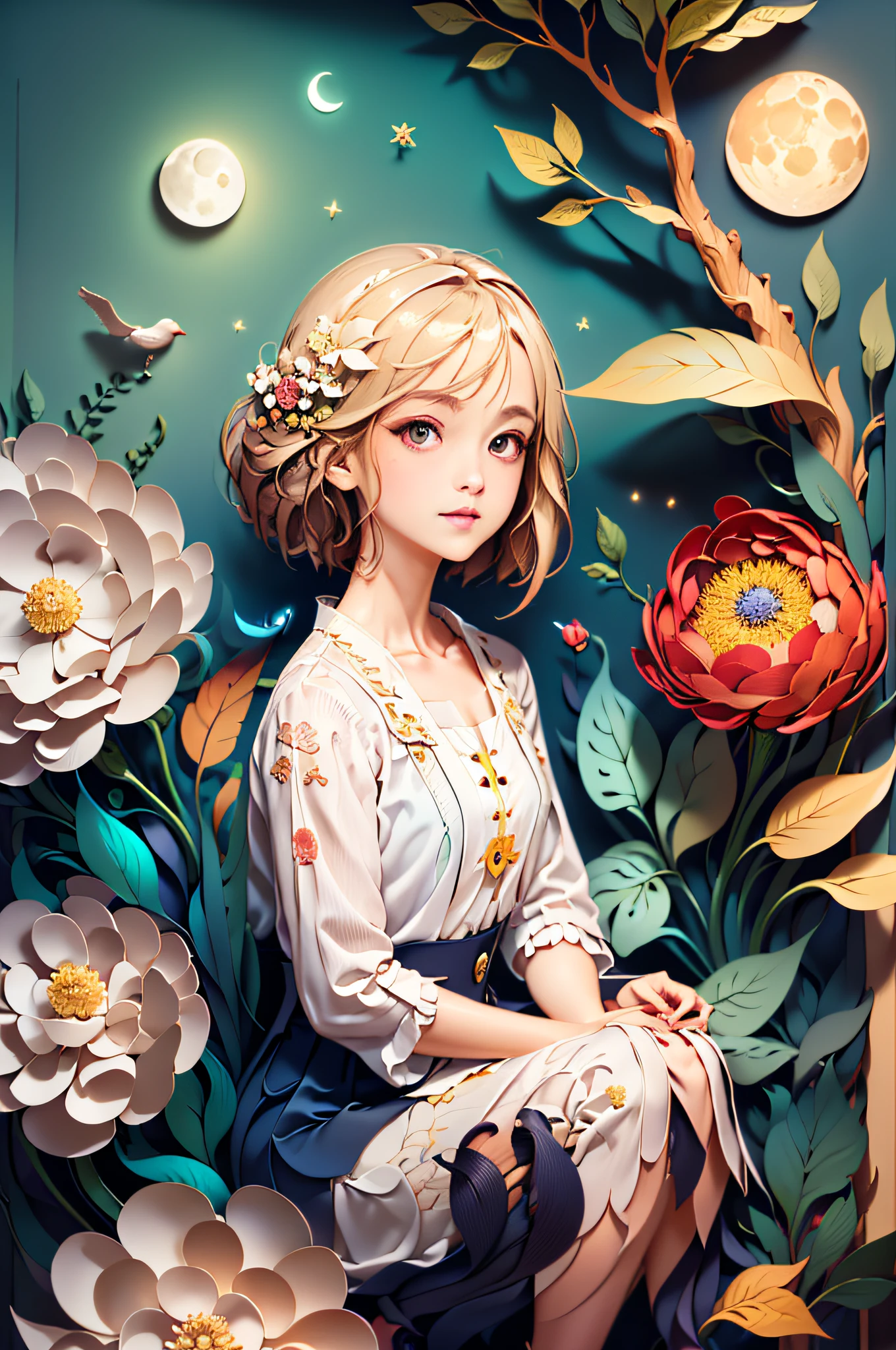 ((((masterpiece))), best quality, illustrations, beautiful details glow,
paper_cut, girl face details clear to the camera, tree, moon,