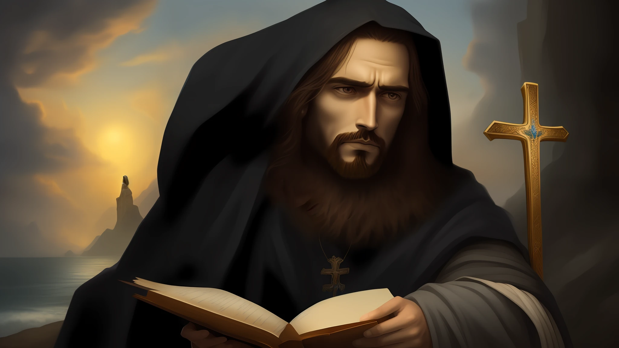 Jesus lendo um livro com uma cruz ao fundo, Rei dos Reis, Jesus Cristo, O Senhor e Salvador, Jovem Deus Todo-Poderoso, Retrato do Imperador da Humanidade, deus imperador, holy sword in his hands, Retrato de Jesus Cristo, sentou-se em seu trono, bible illustration, O Deus Imperador da Humanidade, imagem do avatar, by Hristofor Žefarović
