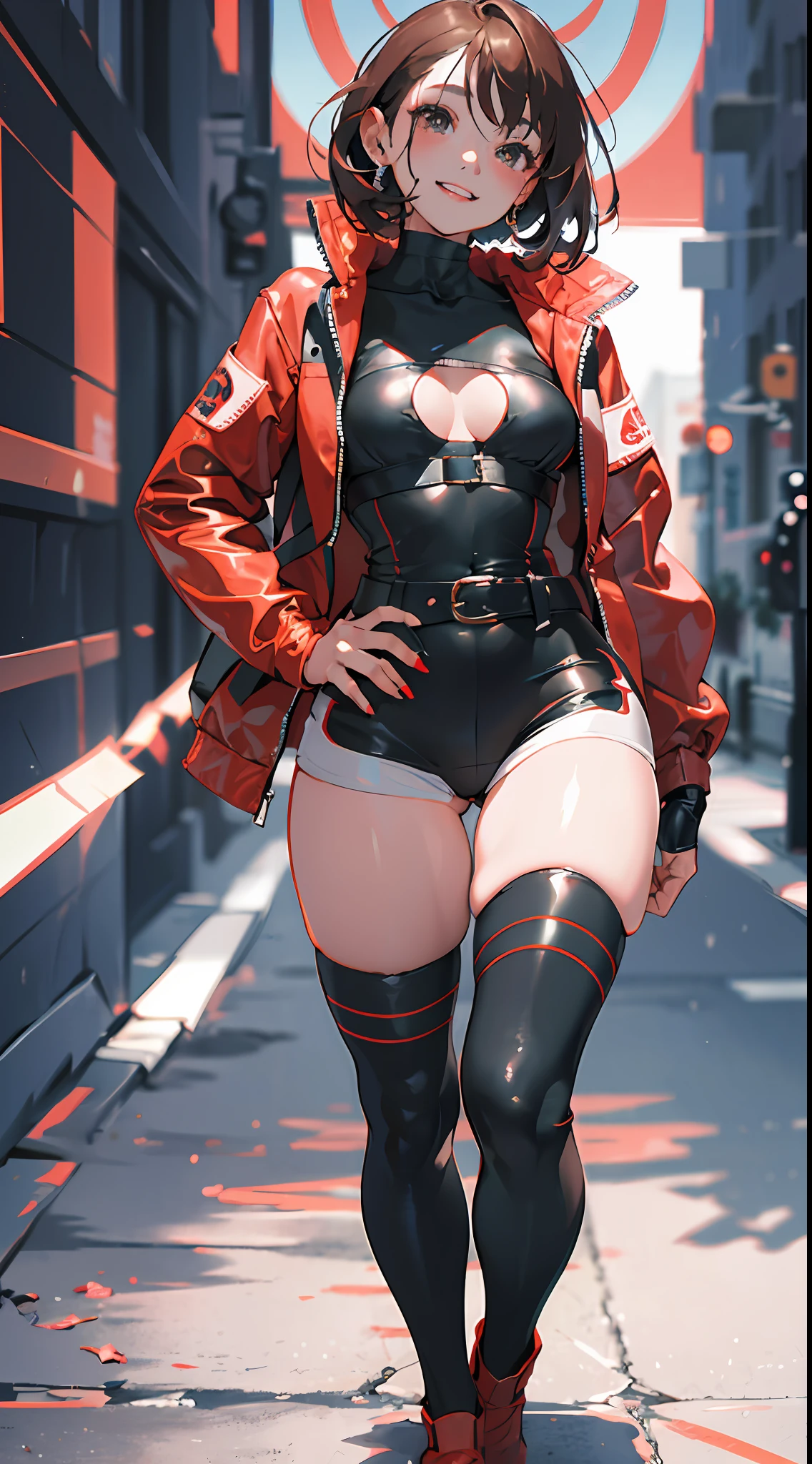 1girl, solo,underwaterbrown hair, brown eyes, parted lips, long sleeves, jacket, simple background, upper body, red background, looking at viewer, teeth, red jacket, lips, cosplay, full body, smile,motorbike