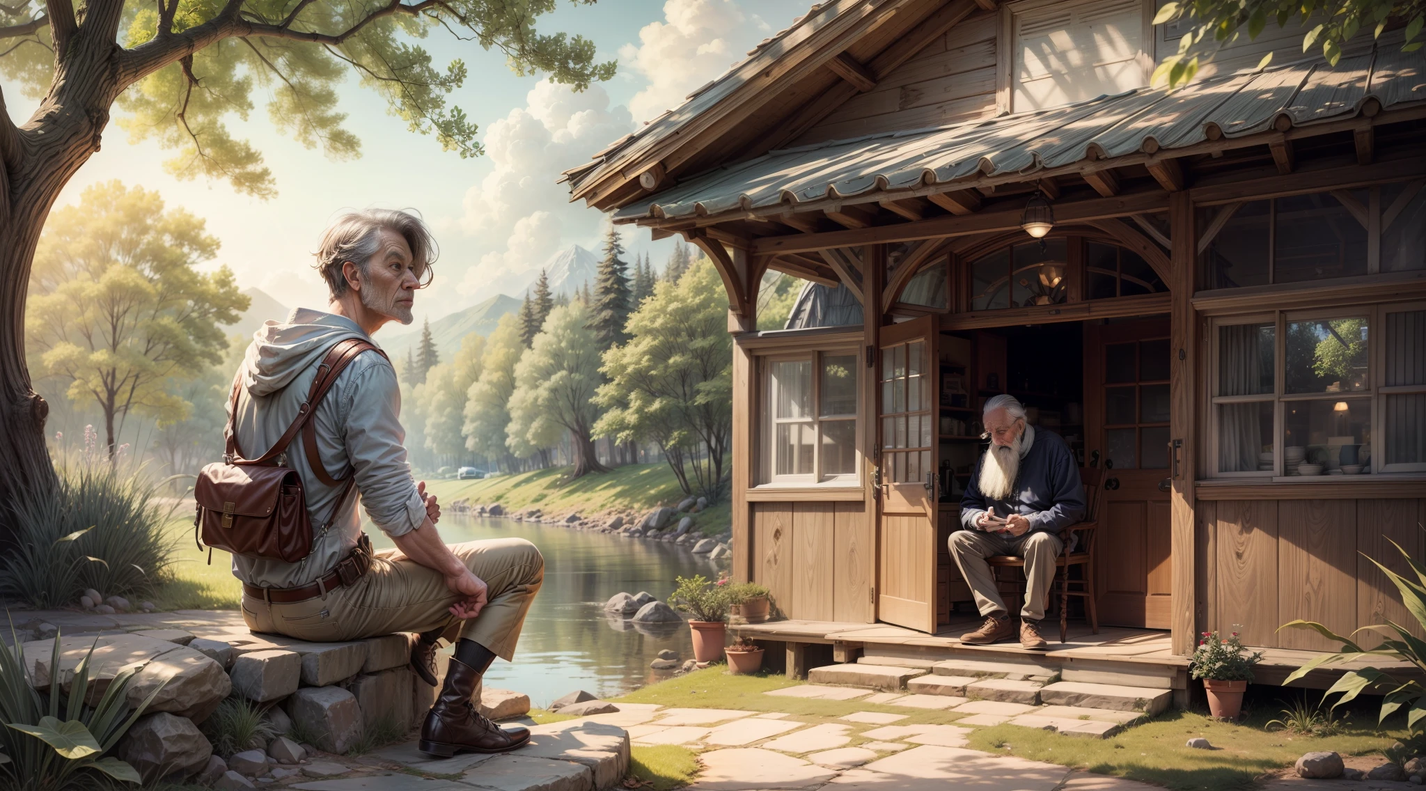 There is an elderly person sitting, an elder with a white beard
