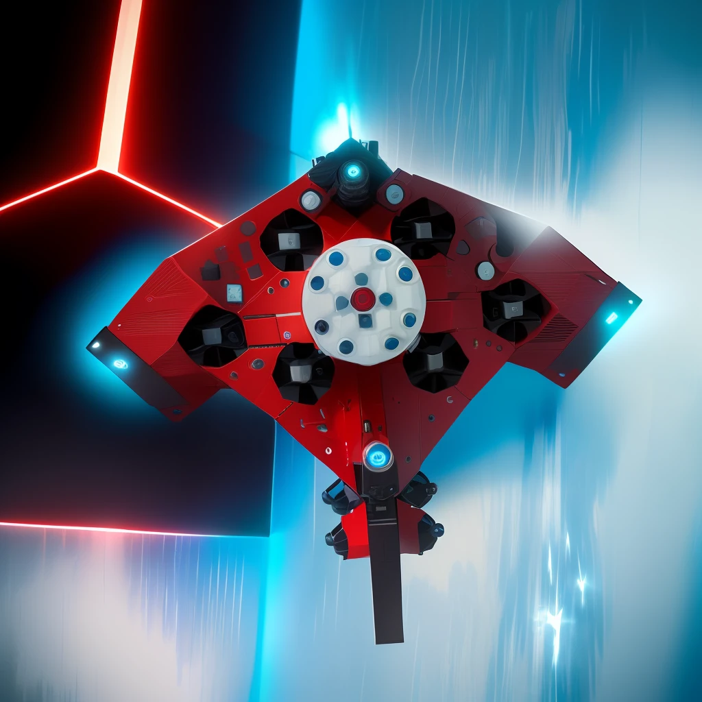 There are six thrusters in the back, looming drone, Top view, assembled, instructions to build it, inspired by Josef Mánes, tie fighter