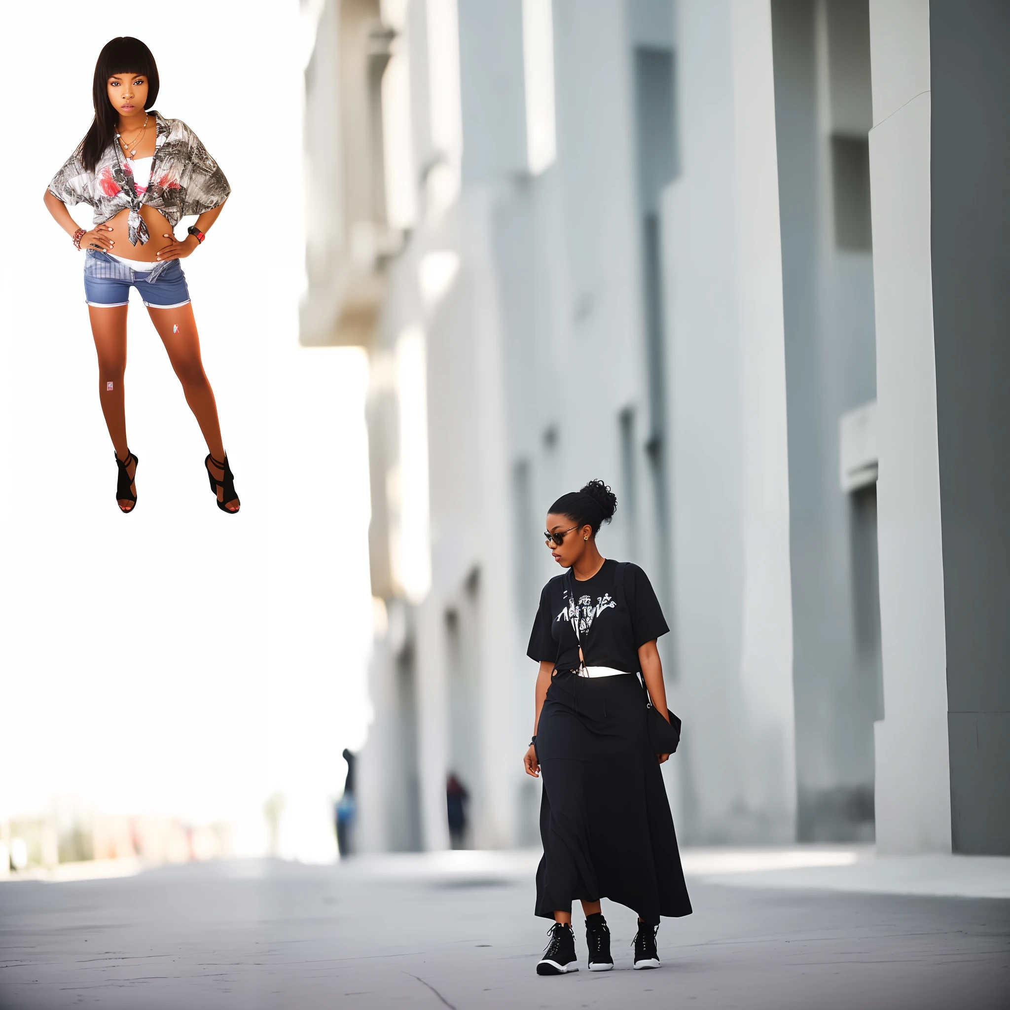 Entire body of an African-American woman walking the streets of a futuristic city, Top Quality, illumination et ombre parfaites, angle dynamique, casual wear "streetwear", regard confiant. 8k brignt and glamour