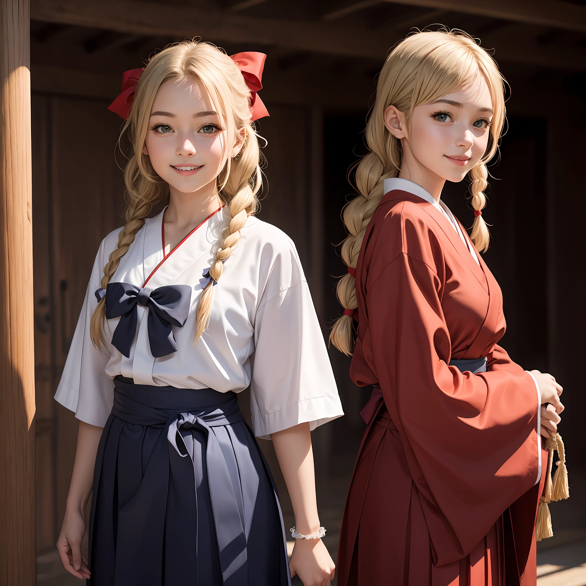 (8K,Raw photo, best quarity, Maste Piece:1.2), (Realistic, photographrealistic:1.2),(sweet face of 17-years-old girl:1.1),1girl in, kirisame marisa, Blonde hair, Solo, Long hair, Braids, shrine maiden, white bow, bow, wrist cuffs, red hakama, Puffy sleeves, Smile, Hair Bow, puffy short sleeves, Looking at Viewer,