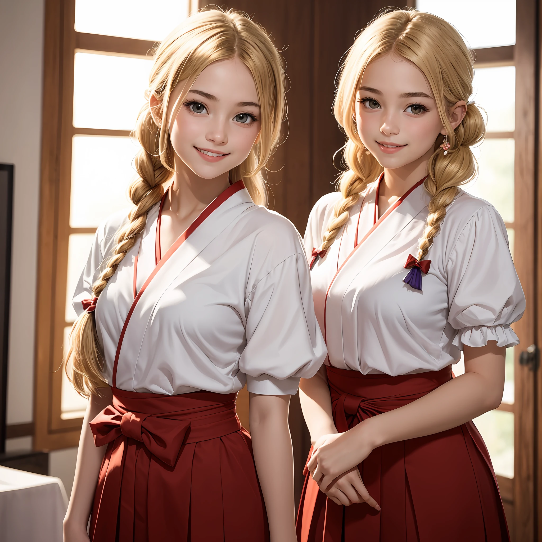 (8K,Raw photo, best quarity, Maste Piece:1.2), (Realistic, photographrealistic:1.2),(sweet face of 17-years-old girl:1.1),1girl in, kirisame marisa, Blonde hair, Solo, Long hair, Braids, shrine maiden, white bow, bow, wrist cuffs, red hakama, Puffy sleeves, Smile, Hair Bow, puffy short sleeves, Looking at Viewer,