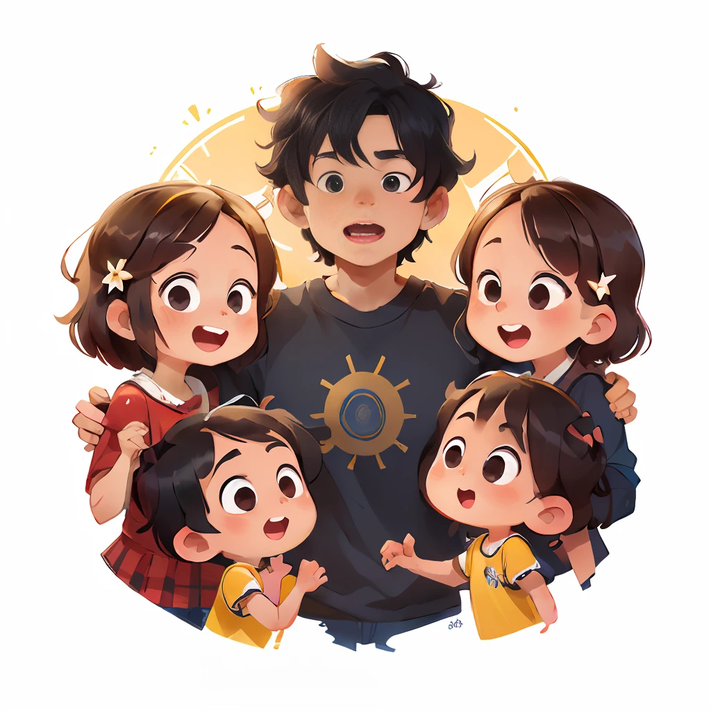 A boy,Mature Steady, strong father and mother,Eldest sister and second sister,Family of 5,Full of life, Curly black hair, Nice and lovely,finely detailed facial features,Summer,cheerfulness,The background is interspersed with small rivers,Perfect quality,Clear focus,extremely colorful,Perfect face,Complicated details,ultra-low perspective,wide wide shot
