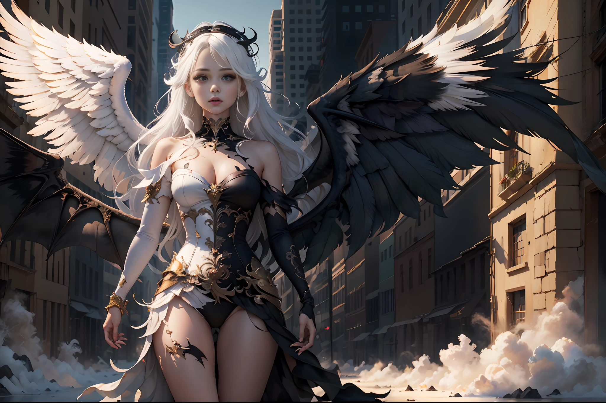 (masterpiece:1.3),(best quality:1.2),8k,absurdres,unity 8k wallpapper,(extremely detailed:1.3),highestres,
1girl, ,heterochromia, white hair, black hair, split theme, angel,devil,wings,