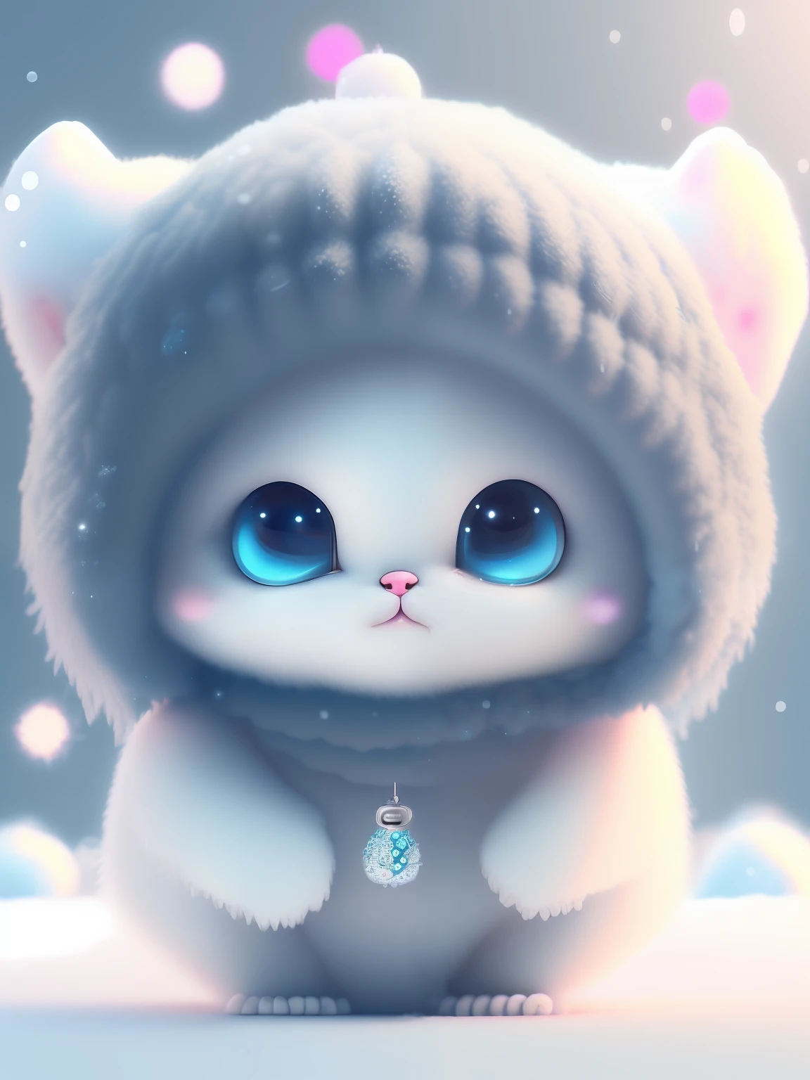 a cute little cat+Snow-white furry,Big bright eyes,A sweet smile,A sweet smile,Open-mouthed!!!,Dress up as a fashion model,Wearing a stylish suit with purple crystal texture,Hats and handbags,Snow white fluffy,Big bright eyes,Big bright eyes,to stand,Fluffy tail,Winter rises,The snow flutters gently,Extremely detailed 3D animation renders symmetrical center position, Super realistic, super detaill, posh, 3, cinematiclight, ultra clear details, Ultra-transparent material, Close up of, complex texture, octane rend, zbrush, 8K, Ultra-realistic UREAL