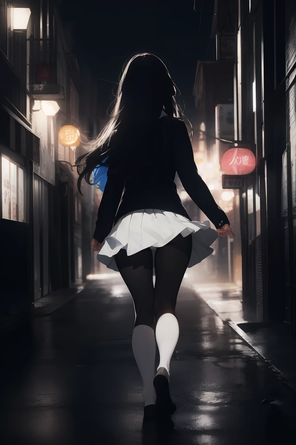 (masterpiece, best quality), 1girl, school uniform, (glowing white panties), panties over pantyhose, from behind, wind, wind lifting skirt, skirt lift, upskirt, ful body, city street, walk, long hair, vibrant colors, volumetric lighting, night, dark, high contrast, best lighting, best shadows, dark theme