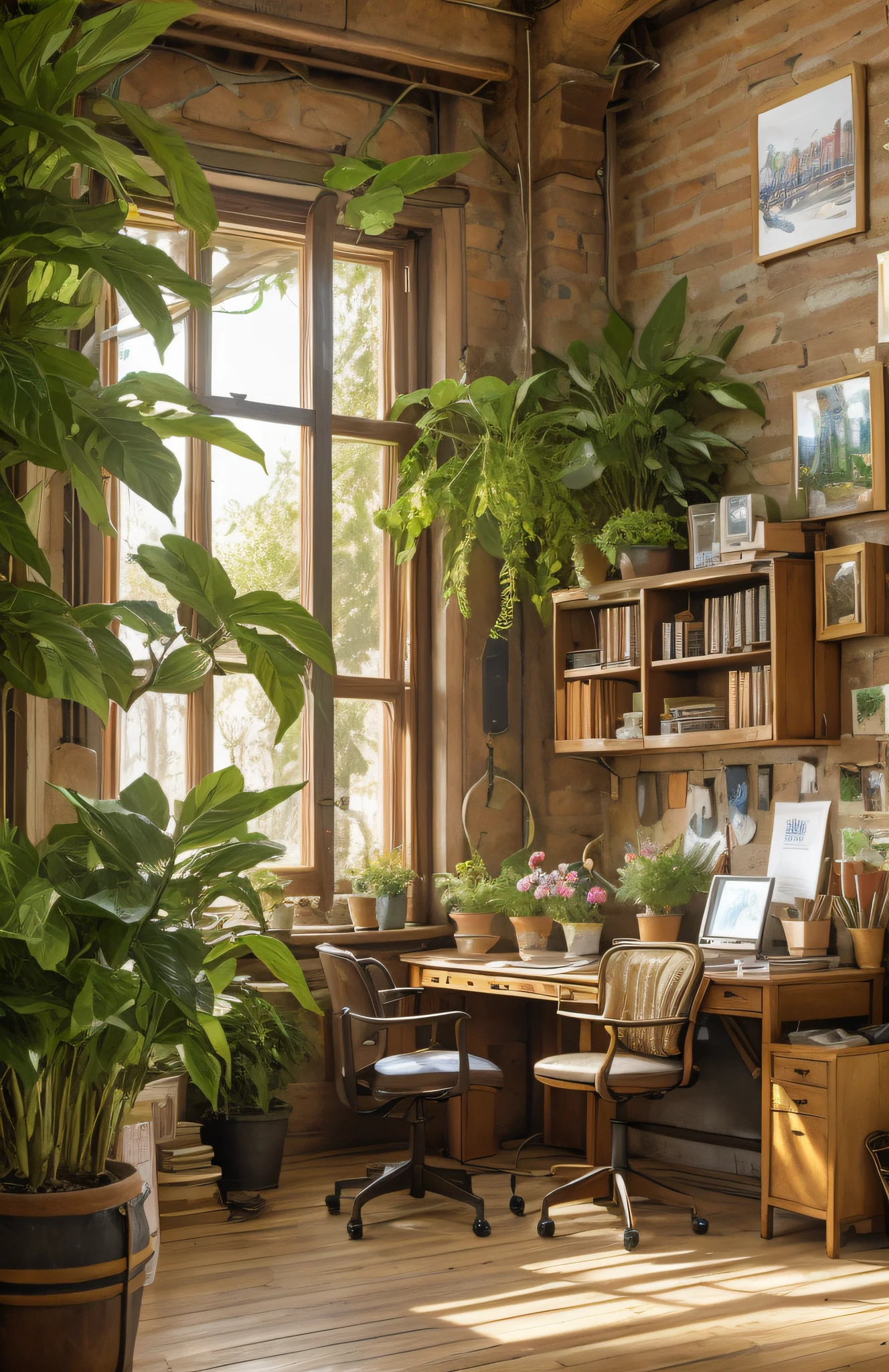 Architectural Digest photo of a maximalist green {vaporwave/steampunk/solarpunk} ((Home office)) with flowers and plants, golden light, hyperrealistic surrealism, award winning masterpiece with incredible details, epic stunning, many books