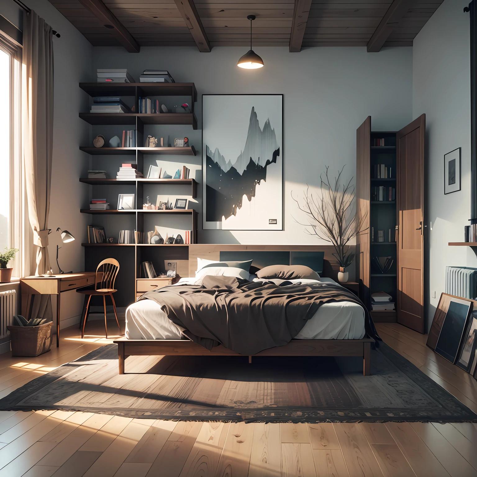 Modern style bedroom,Wooden floors,Sofa bed,Modern computer desk,High bookshelves,Model stand,pphotorealistic,8k