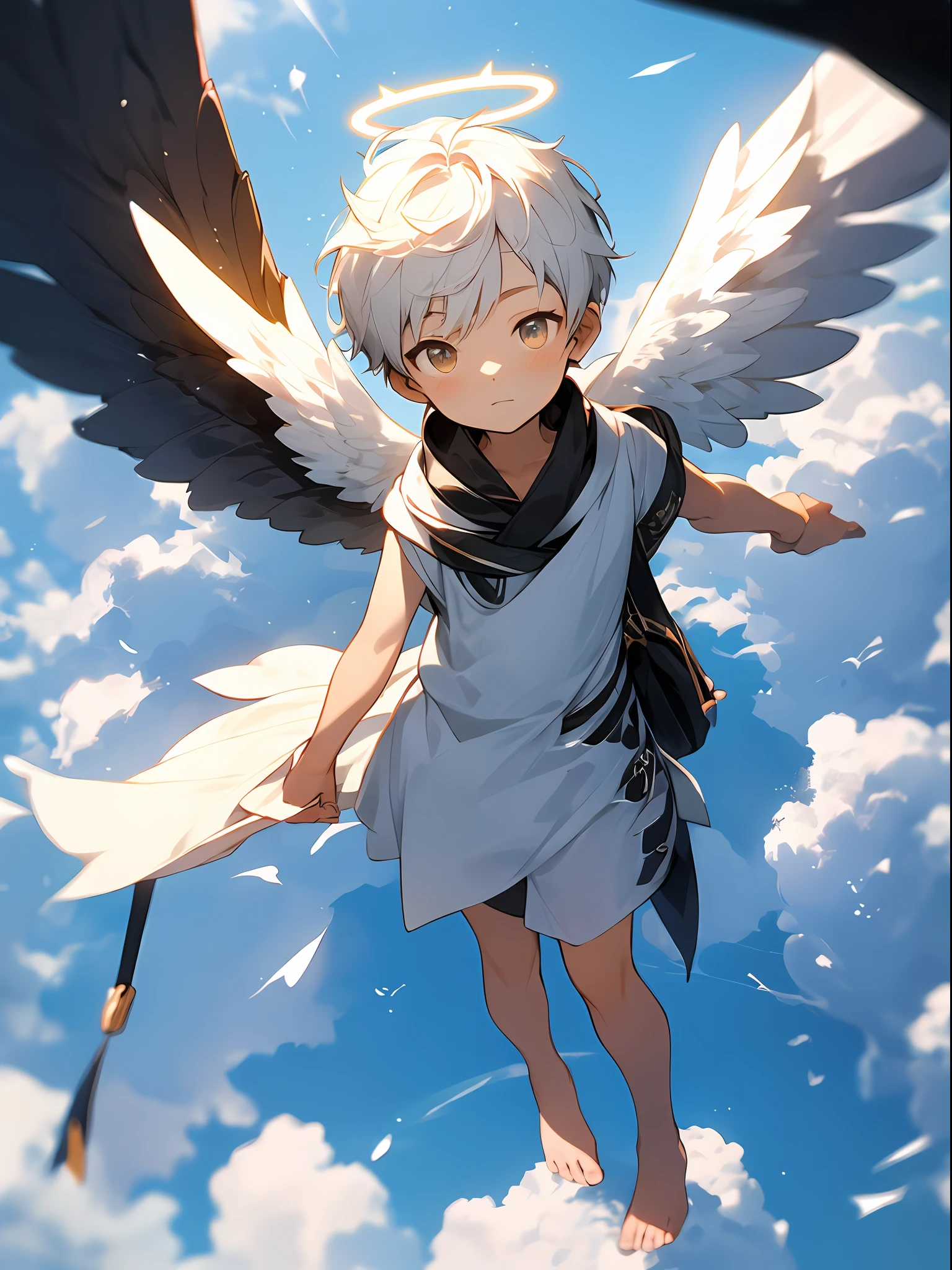 Shota,white color hair ,Q version, lovly, to stand, Master masterpieces, high resolucion,8K,detailedbackground,hightquality,Libido boy,(((独奏))),(Angel wings,angelic halo,White clothes,A barefoot:0.6),looking at the spectator,pov fpov,From above,dreamlike,magical,baiyun,(Warm light source:1.2),upper sky,On the clouds