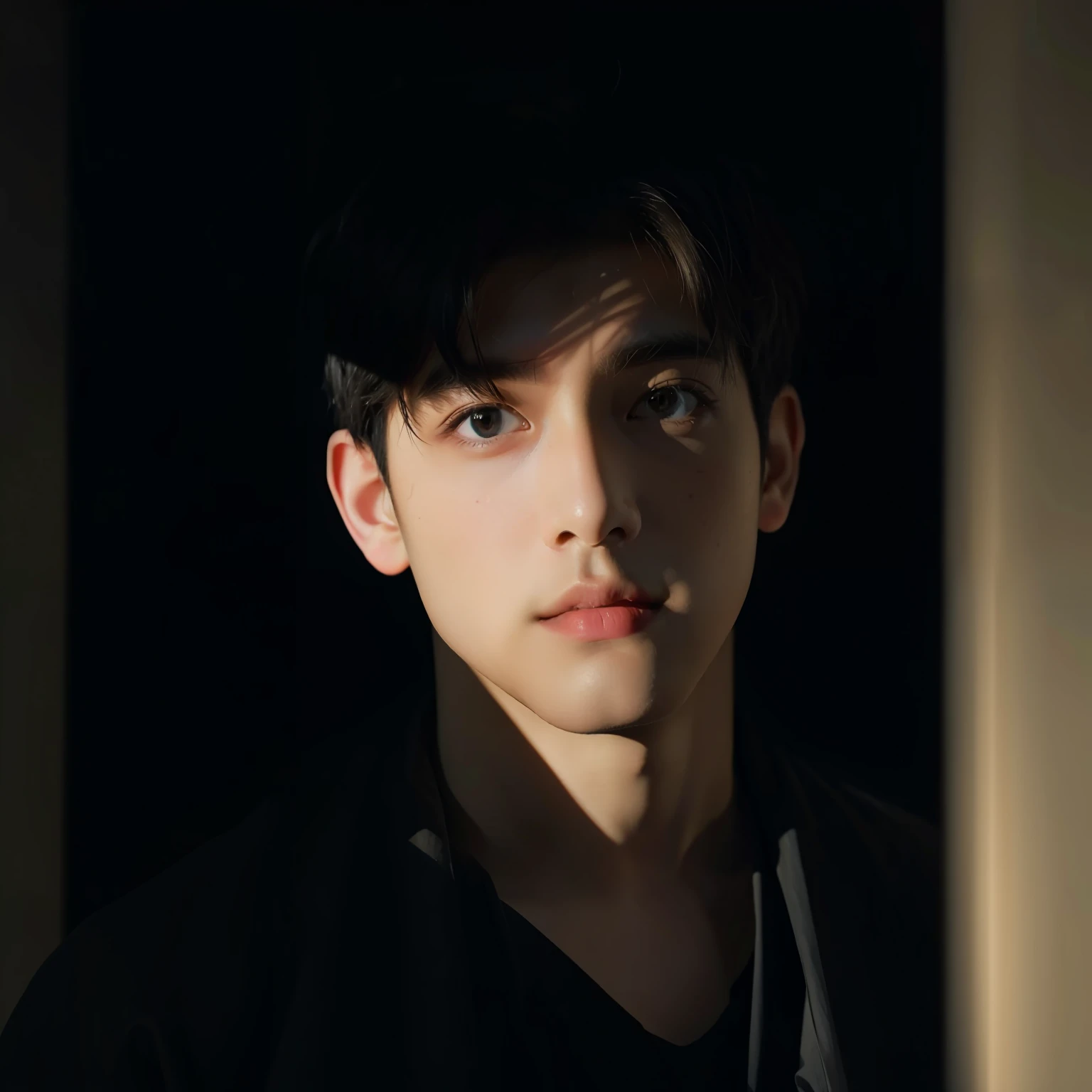 optimal quality， masterpaintings， ultra-high-resolution， （realisticlying：1.5）， OriginalPhoto， 1boys， sshoulder， in the darkness nigth， deep-shadows， lowkey， cold light， short-cut hair，aseprite