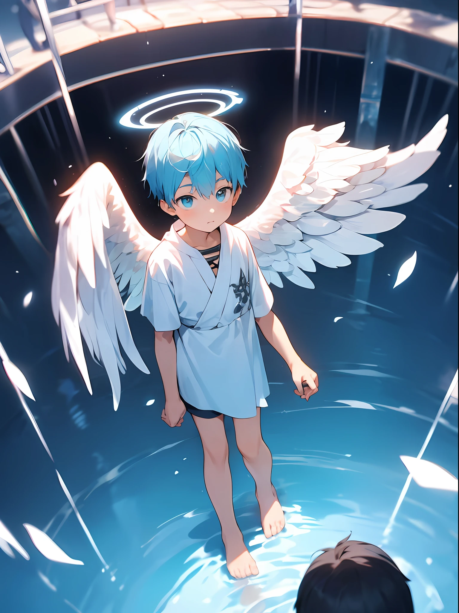 Shota,blue hairs ,Q version, lovly, to stand, Master masterpieces, high resolucion,8K,detailedbackground,hightquality,Libido boy,(((独奏))),(Angel wings,angelic halo,White clothes,A barefoot:0.6),looking at the spectator,pov,from above