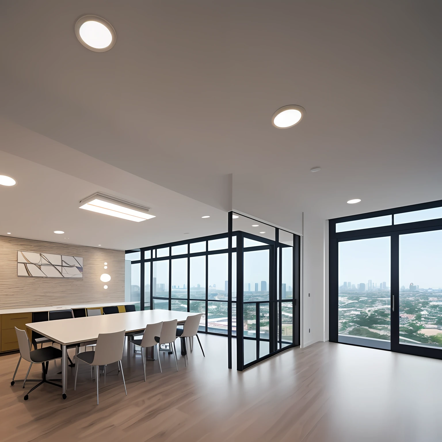 "/imaginar: um hub para arquitetos e designers, com estilo minimalista, contemporary and elegant, com cores neutras. There is a sample room of coatings, modern workstations, copa, meeting room, Mezzanine accessible by an apparent staircase, framed by various decorative paintings on the walls. The atmosphere is well lit and cozy for work or meetings."