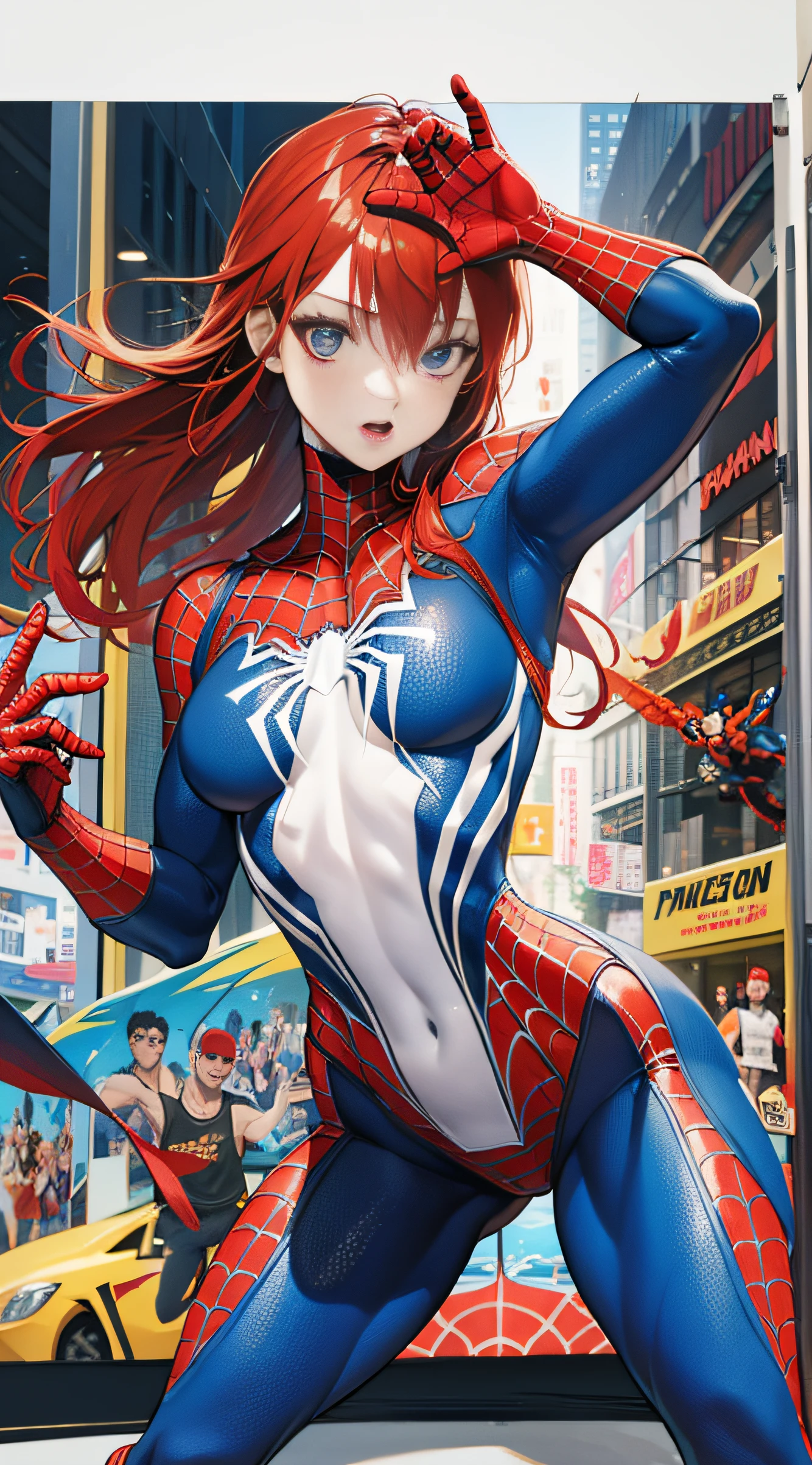(((optimal quality))),(((superdetailed))),(((masterpaintings))),(((manga book))),Female superheroes,Female Spider-Man,The action is exaggerated and handsome,Spider-Man's signature move,Dynamic,Voice bubbles,Fighting,bang between eyes。