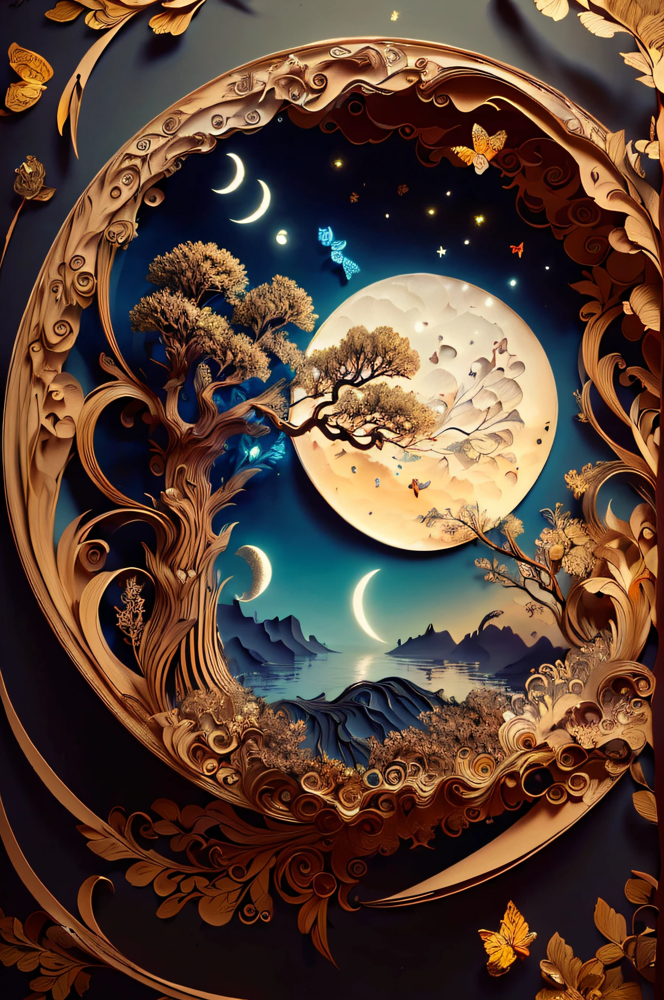 ((((masterpiece))), best quality, illustrations, beautiful details glow,
paper_cut, girl face details clear to the camera, tree, moon, butterfly,