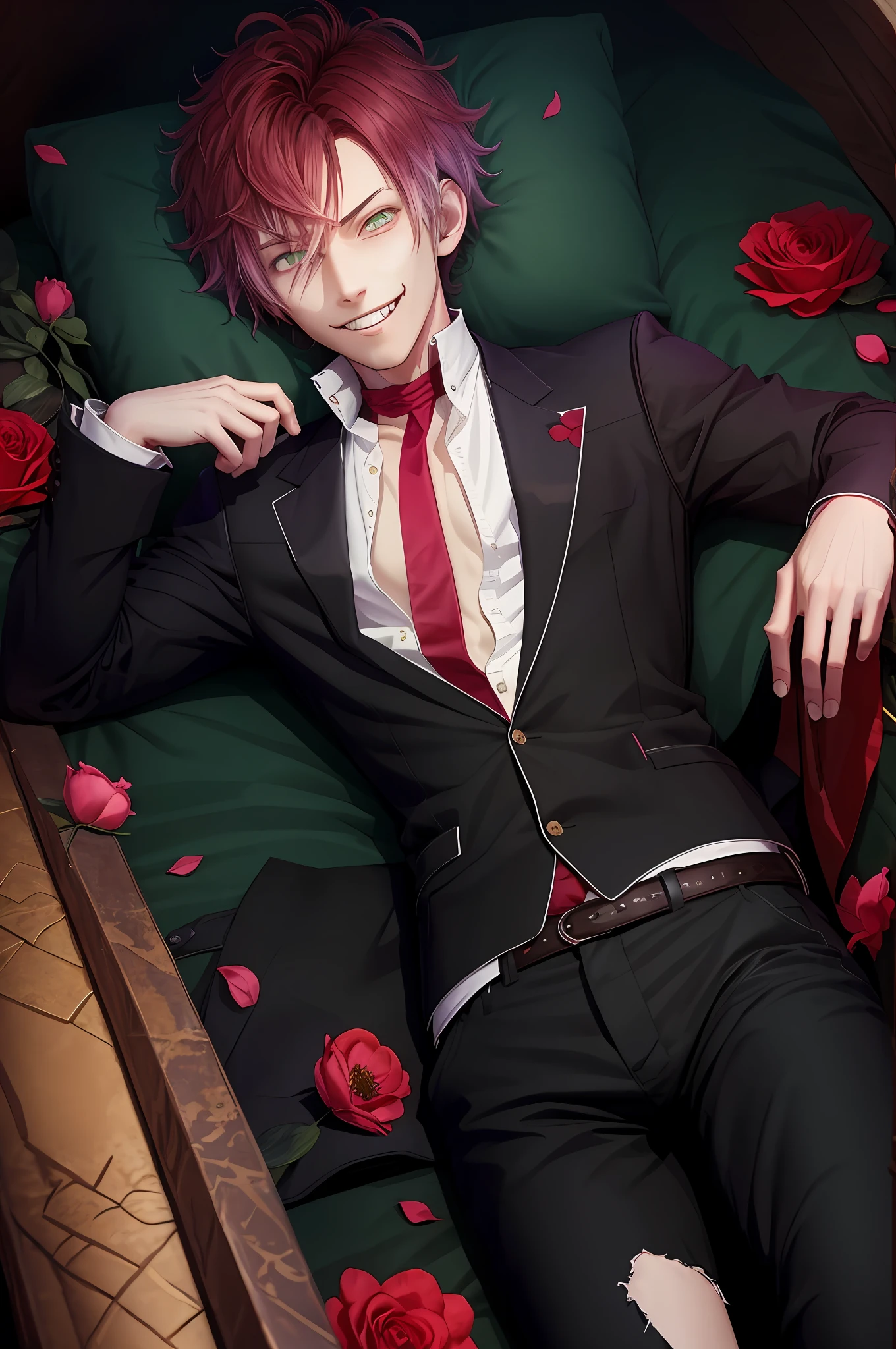 ((lying)), coffin, closed mouth, perfect eyes:1.2, detailed eyes:1.4, (masterpiece, best quality:1.2), vampire teeth, flowers, male focus, 1boy, sakamaki ayato, grin, looking at viewer, hand on hip, red hair, open clothes, jacket, shirt, red necktie, black pants