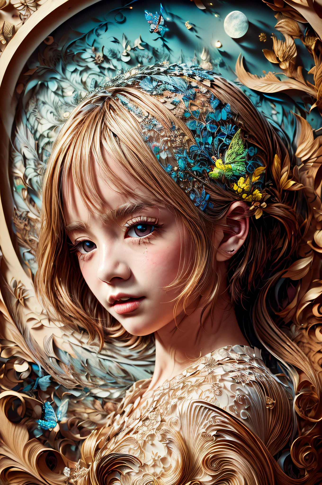 ((((masterpiece))), best quality, illustrations, beautiful details glow,
paper_cut, girl face details clear to the camera, tree, moon, butterfly,