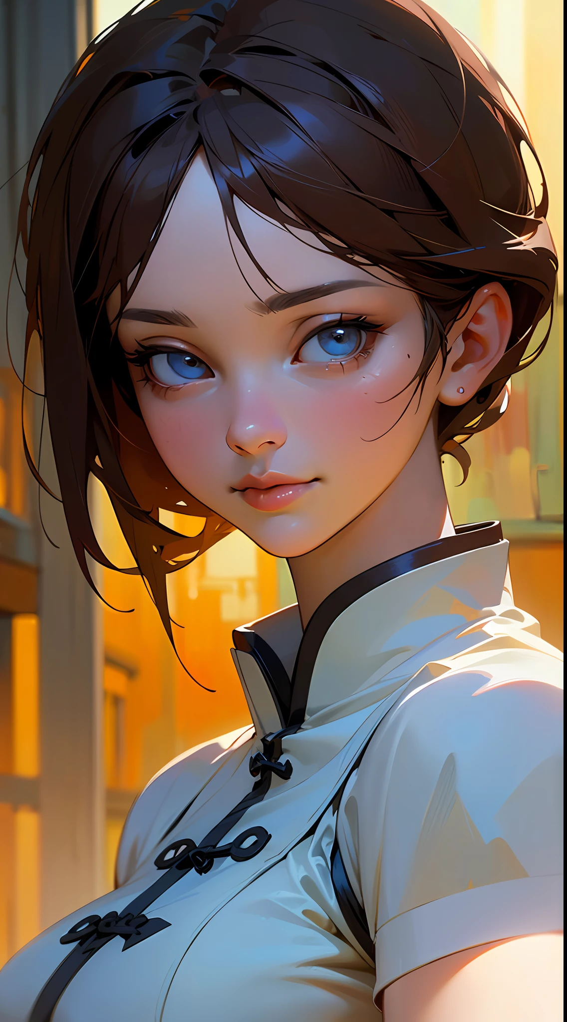 ((Realistic lighting, optimal quality, 8K, masterpaintings:1.3)),( sharp fokus:1.2), Girl Huge breasts, (Beautiful Women with Perfect Figure:1.4),Close-up strengthened,slim:1.1, ((dark brown hair)), (White cheongsam:1.4),(exteriors,during night:1.1),urban street,Ultra-fine face,Fine eyes,双眼皮,Close up of