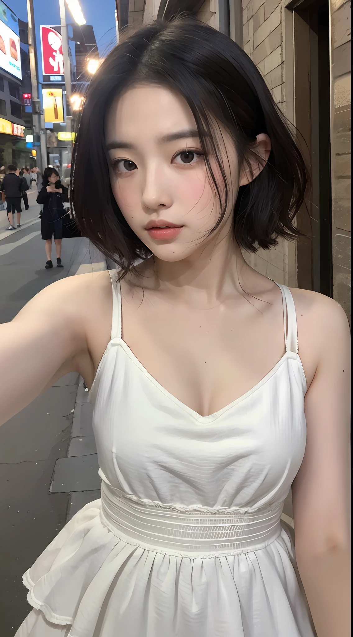 (1 cute Korean star), ((best quality, 8k, masterpiece: 1.3)), focus: 1.2, perfect body beauty: 1.4 , ((layered short hair: 1.2)), , (night, street:1.3), highly detailed face and skin texture, fine eyes, double eyelids, whitened skin, (dress: 1.3), looking at the camera, selfie,