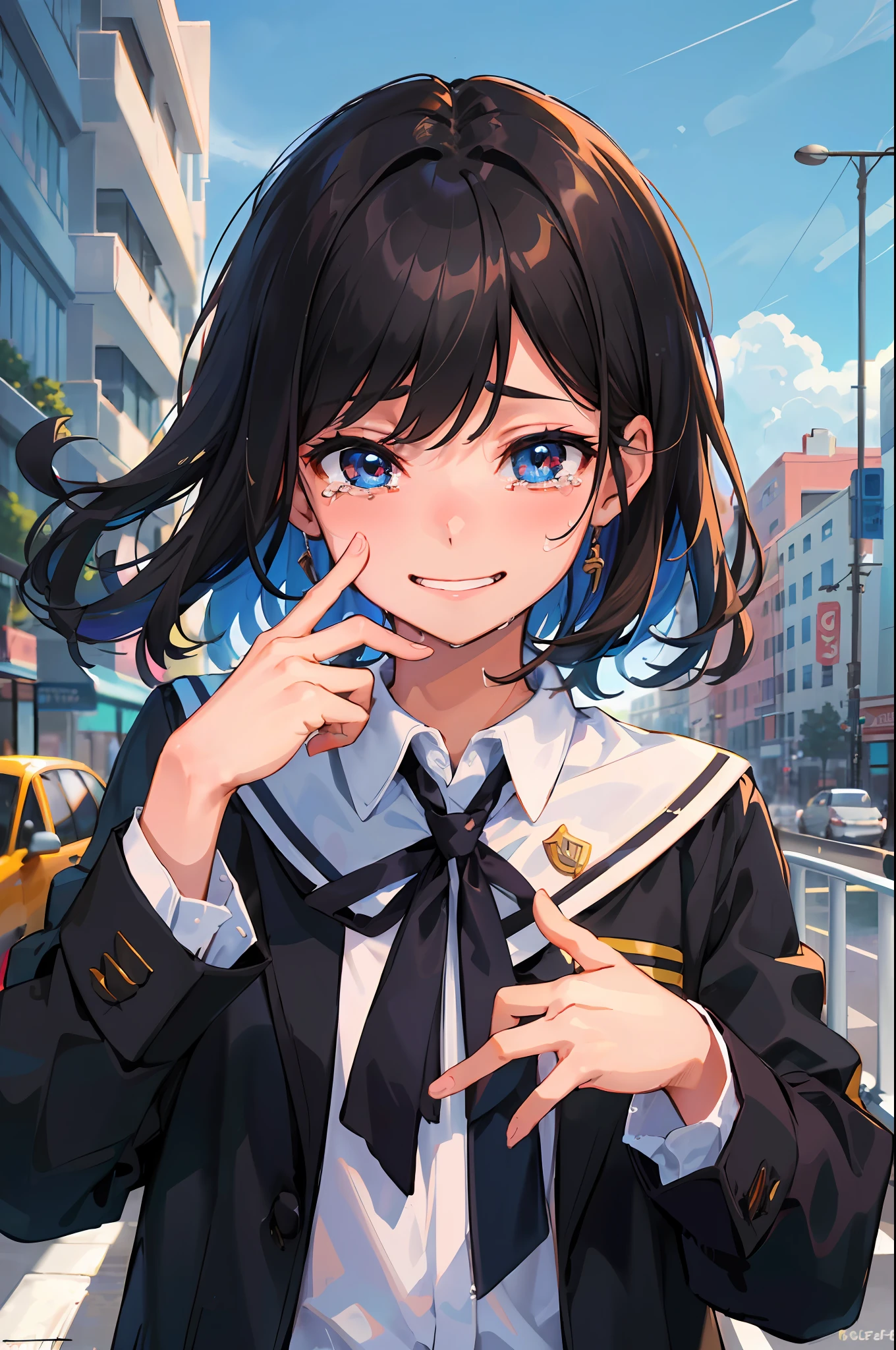 mejor calidad, obra maestra), (1girl, pelo corto ?????, traje de colegiala ?????, ojos azules, crying while smiling, mirando al espectador, agarrando una mano , ciudad de fondo)